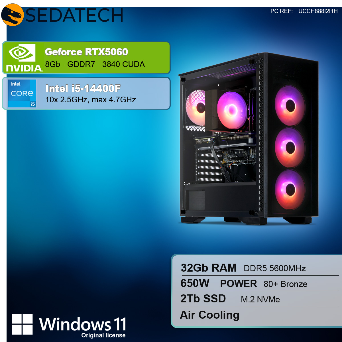 Un PC nero con lato aperto, che mostra componenti interni con luci colorate.
