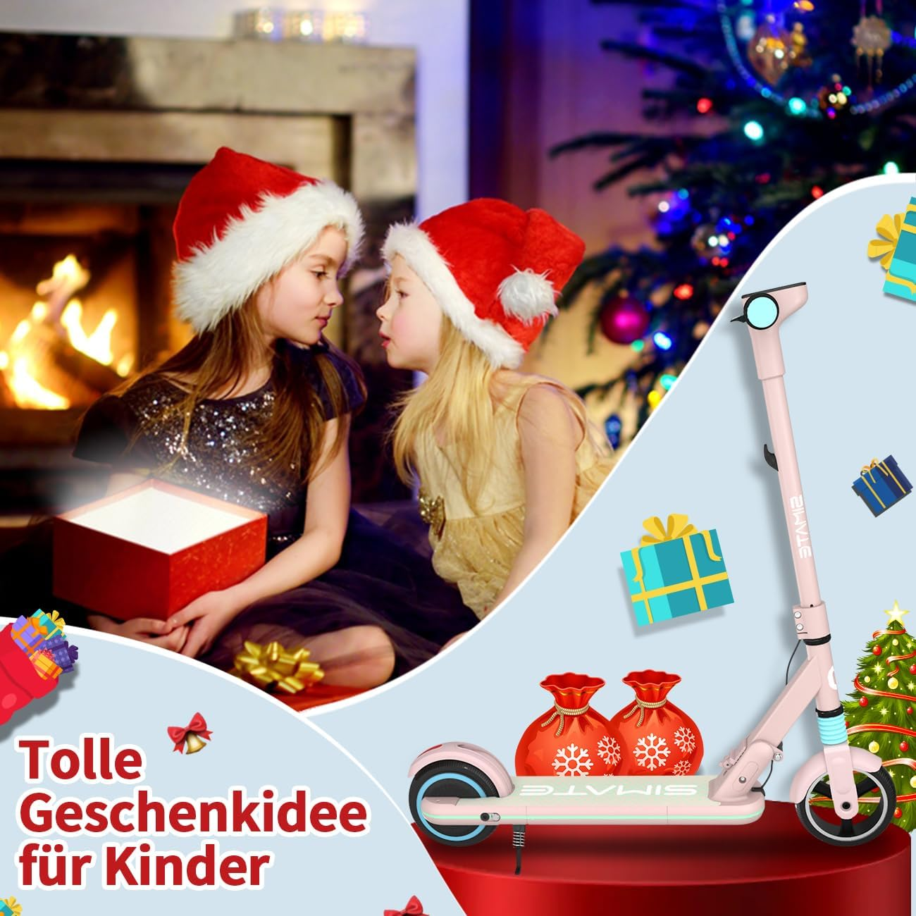 Dwie dziewczynki w czapkach Świętego Mikołaja. Patrzą na siebie w pobliżu pudełka z prezentem, hulajnogi i choinki.