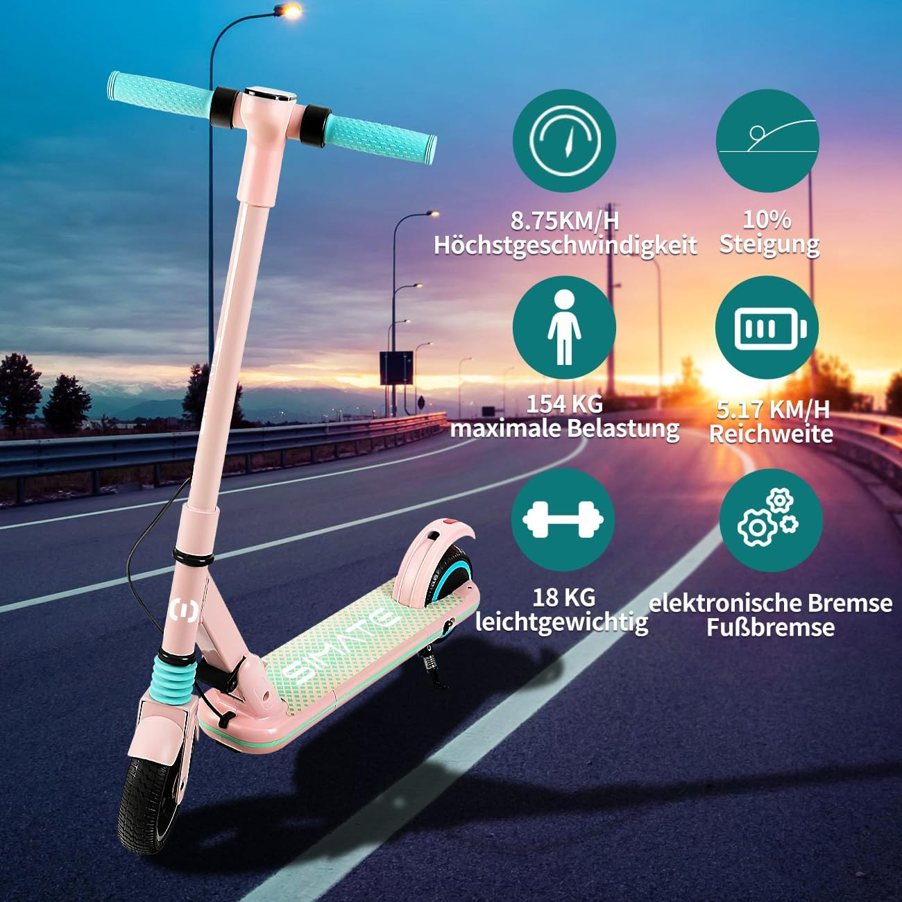 Różowo-niebieska hulajnoga elektryczna ze szczegółami prędkości, nachylenia, wagi i zasięgu.