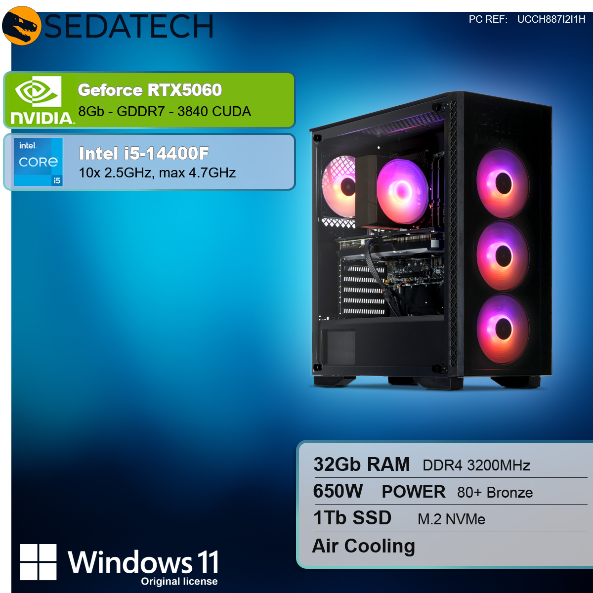 Un PC con specifiche dettagliate: Intel Core i5-14400F, 32 GB RAM, 1 TB SSD, RTX 5060.