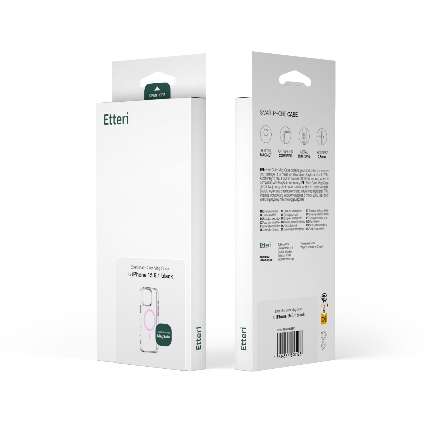 Dwa pudełka na etui na telefony, z tekstem i obrazami. Szczegóły produktu, w tym 