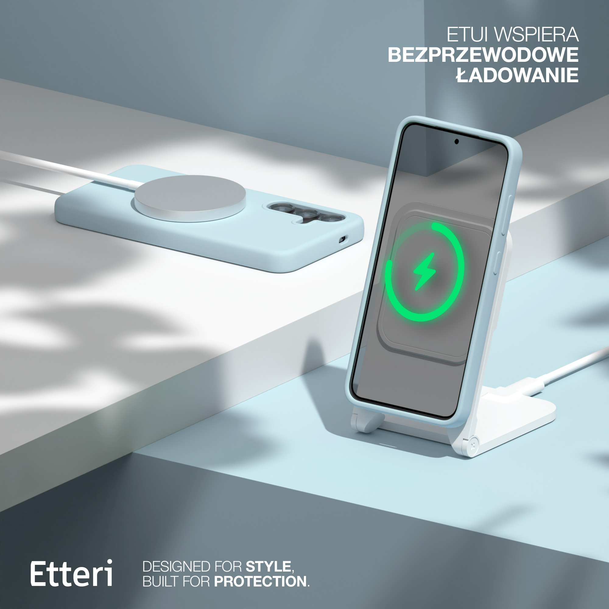 Telefono e caricatore wireless con custodia azzurra. Design moderno, sfondo blu.