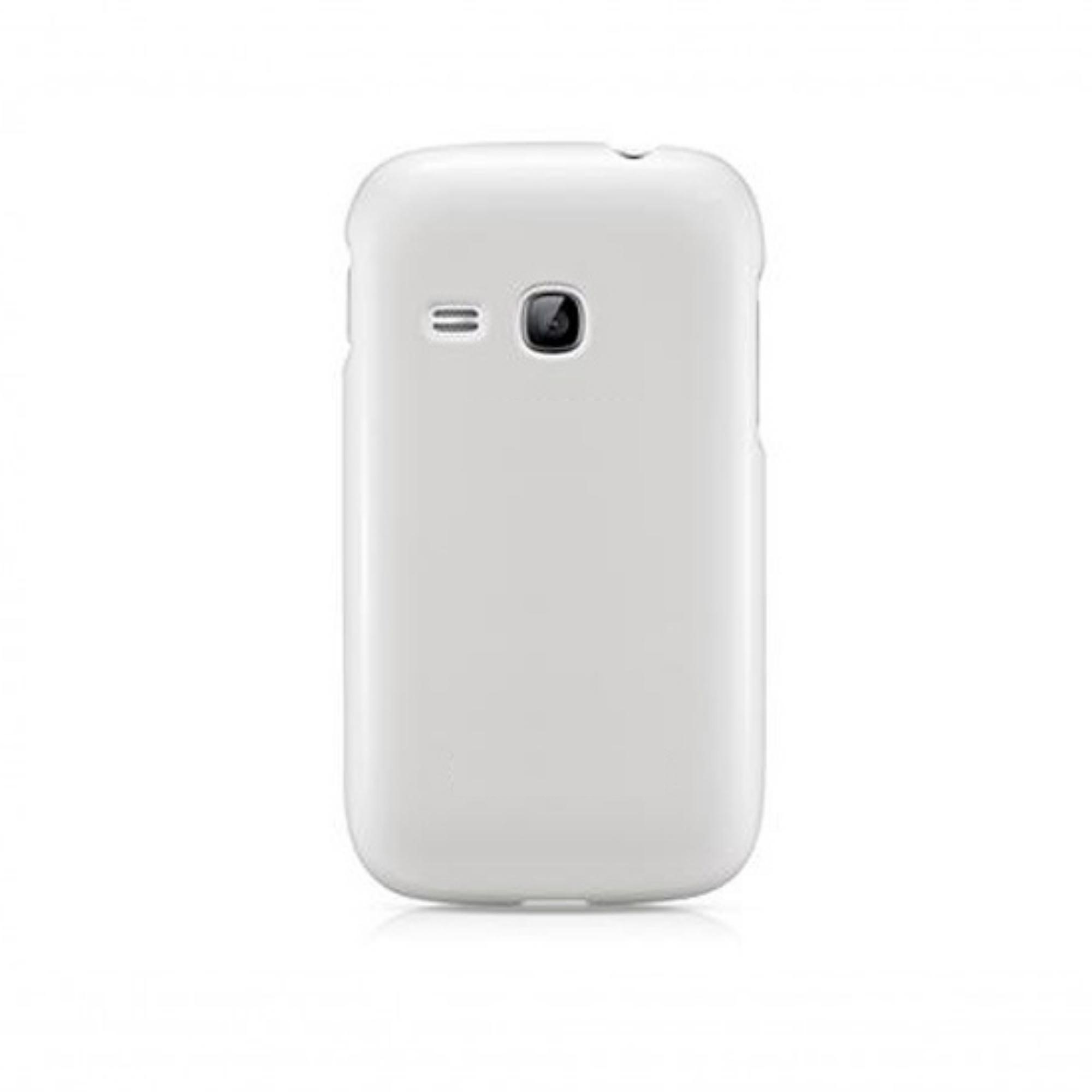 Funda blanca para teléfono con cámara y altavoz. Tiene una superficie lisa.