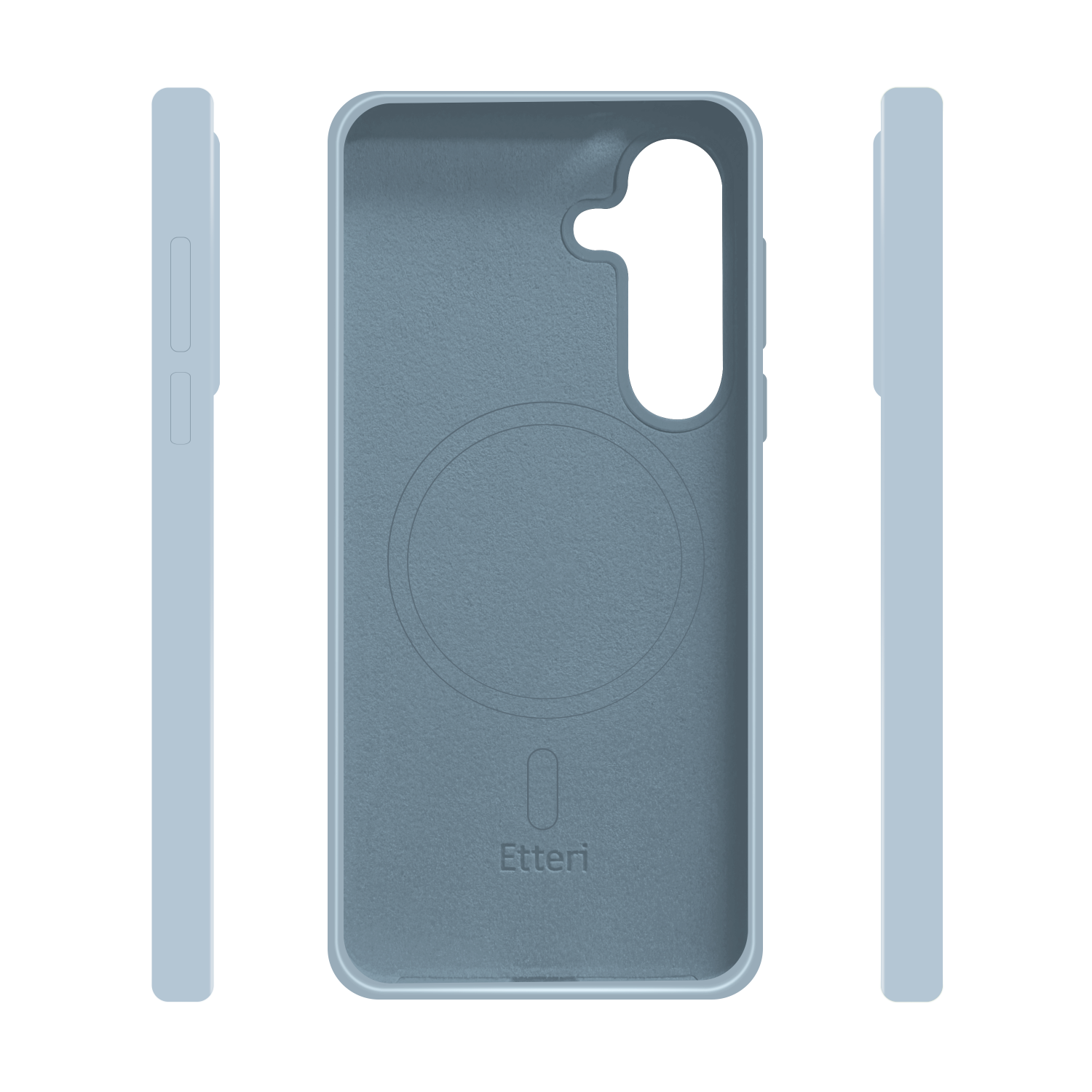 Custodia blu per telefono. L'interno ha una superficie strutturata e un cerchio. Ci sono tre viste laterali.