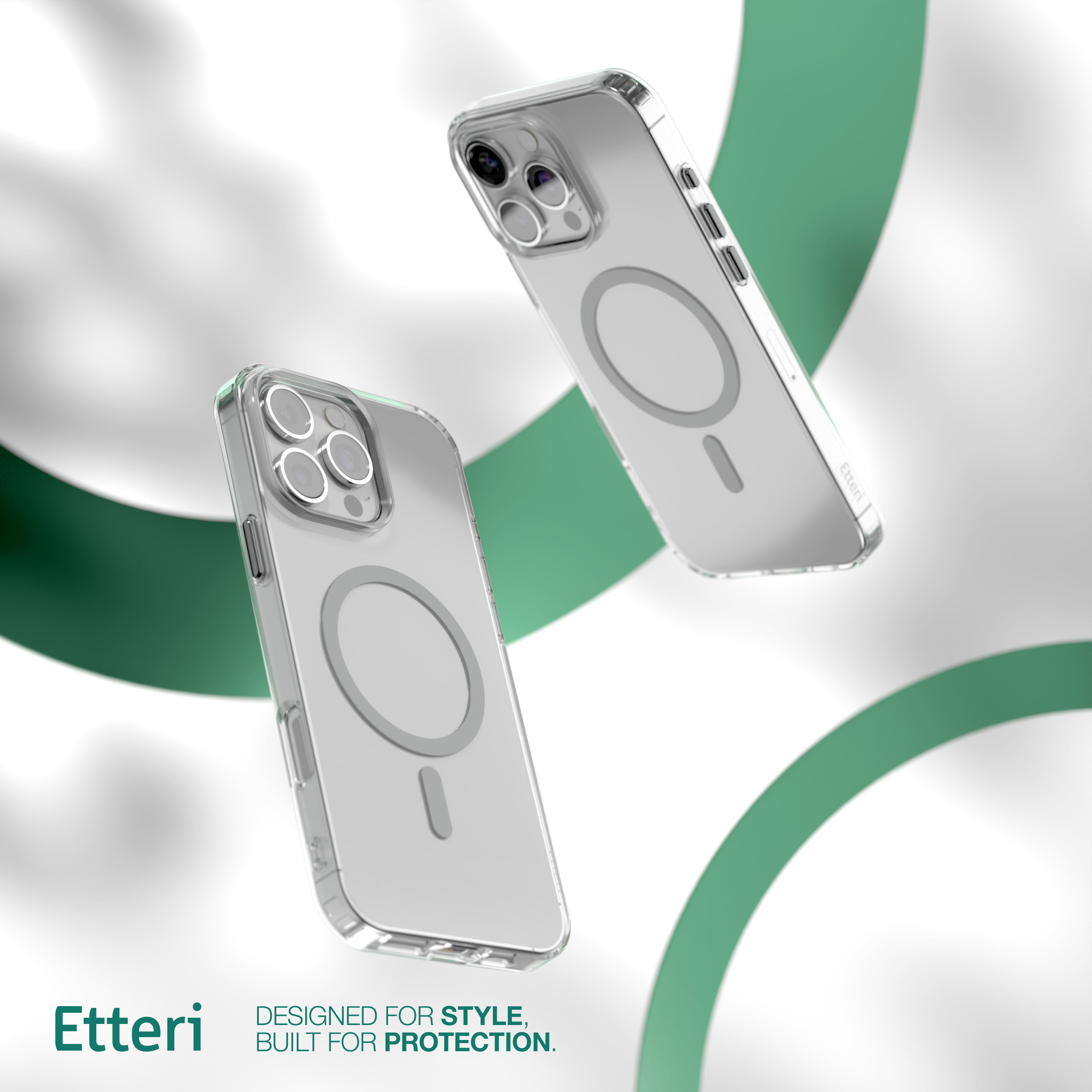 Due custodie trasparenti per telefono con design MagSafe circolare, fluttuanti su sfondo verde e bianco.