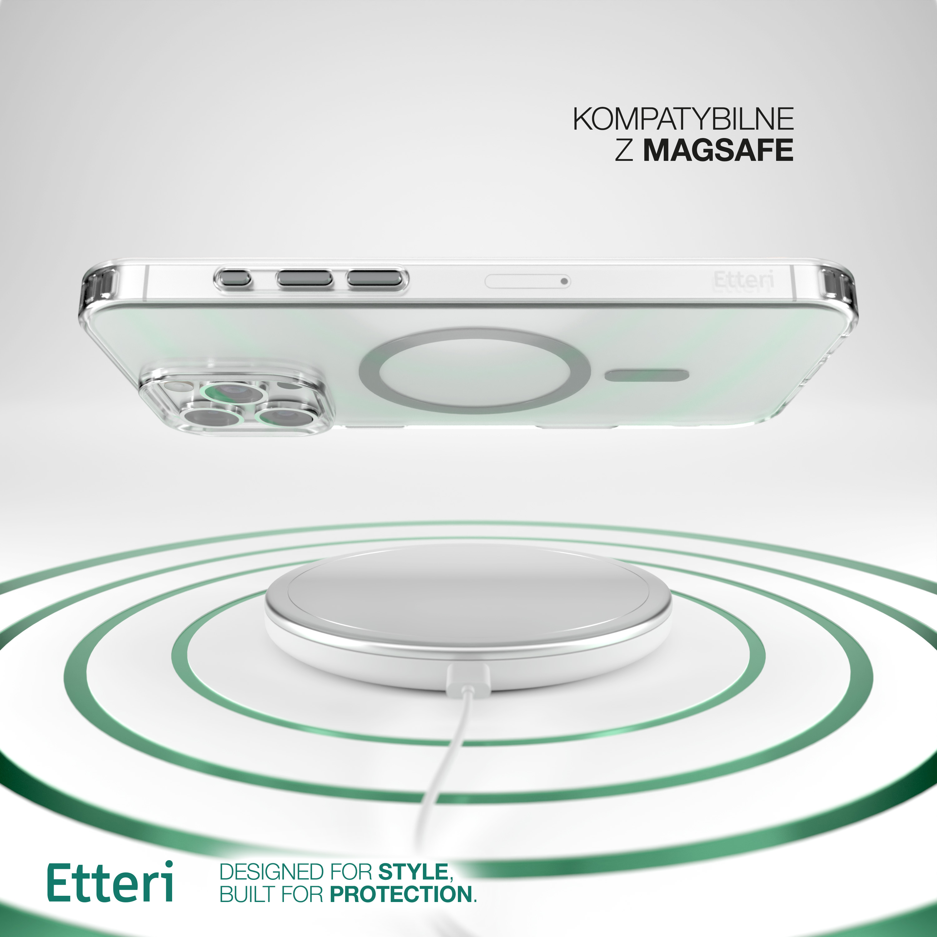 Una custodia per telefono con un telefono all'interno, con un caricabatterie wireless MagSafe bianco sotto, su sfondo bianco.