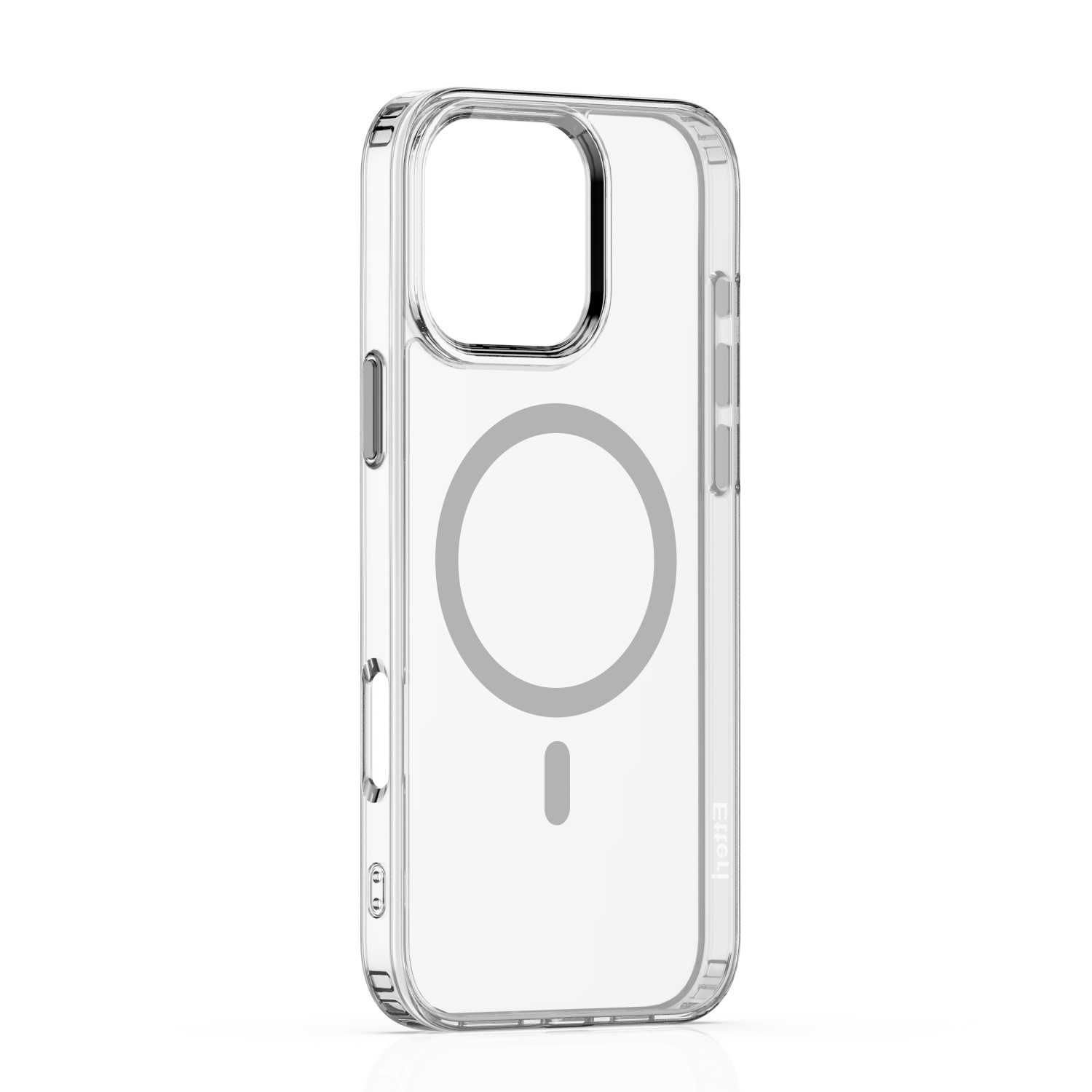 Custodia trasparente per iPhone con un'area magnetica circolare contrassegnata al centro.