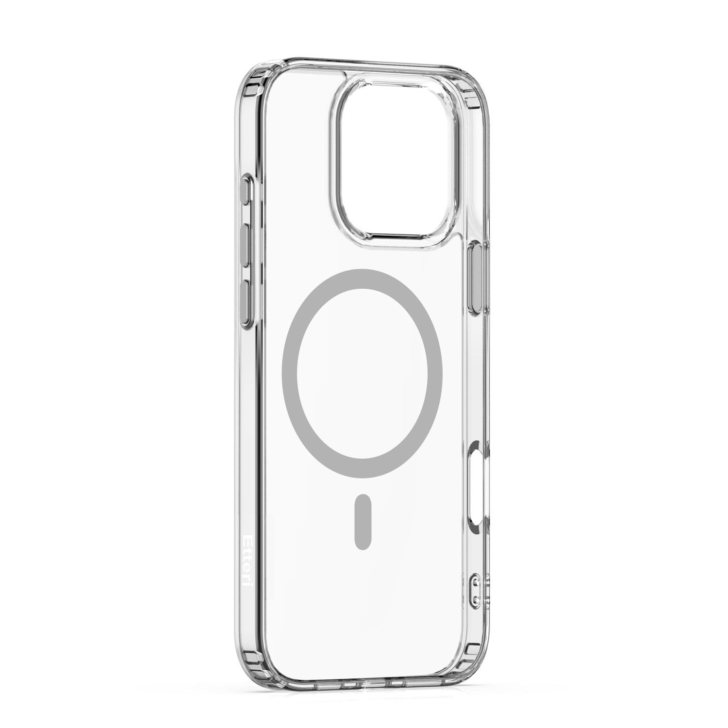 Una custodia trasparente per telefono con un elemento MagSafe circolare grigio e un ritaglio per la fotocamera.