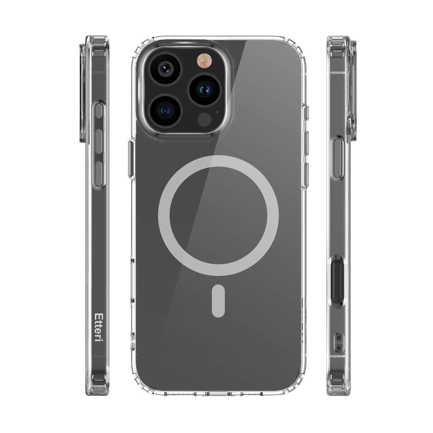Una custodia trasparente con anello magnetico e compatibilità MagSafe, viste laterali e posteriori.