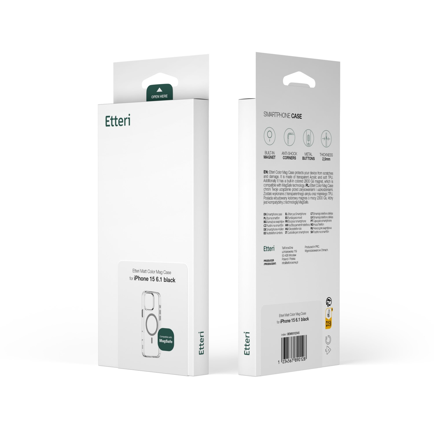 Dwa pudełka na etui na telefon. Jedno jest białe, drugie czarne. Każde zawiera etui.