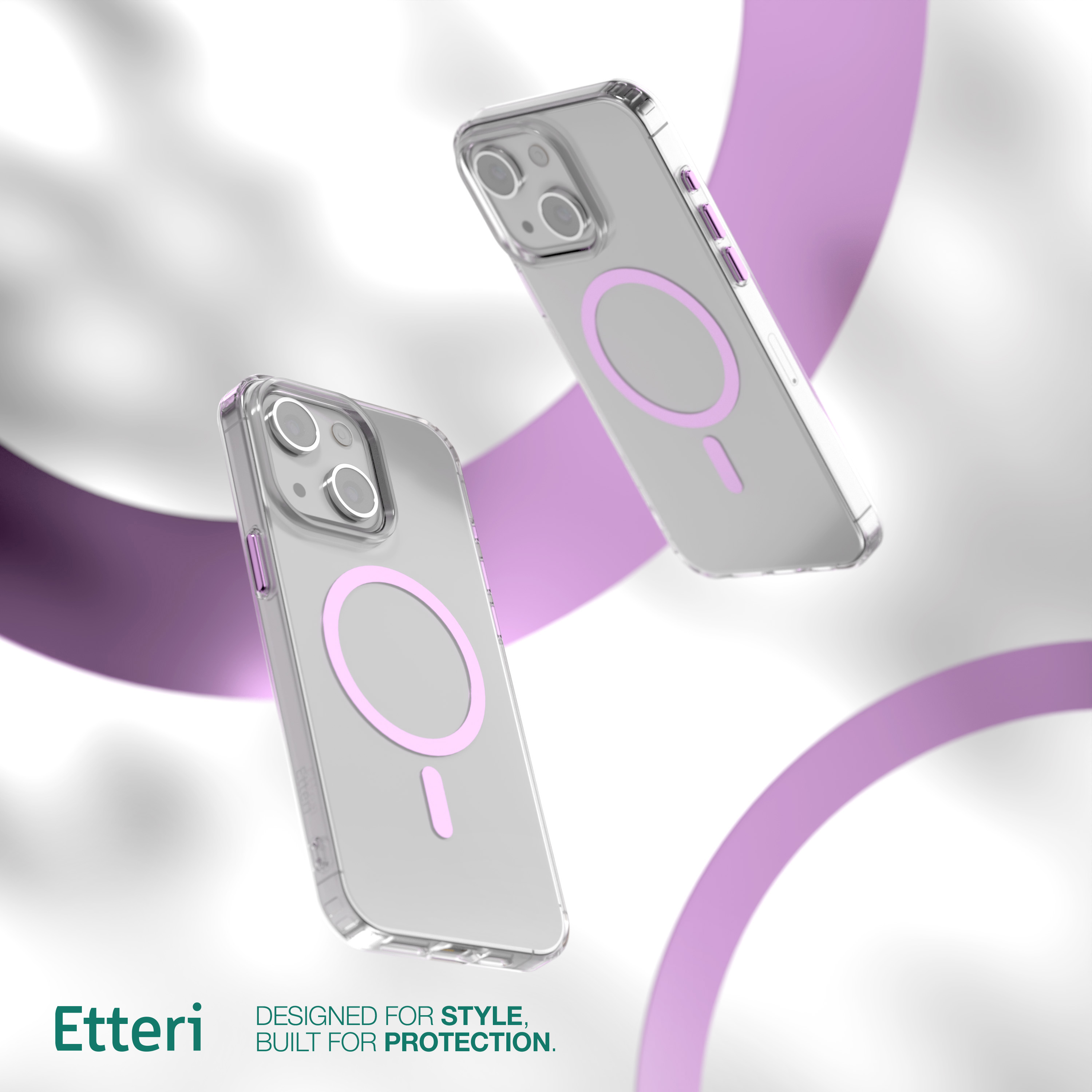 Due custodie trasparenti con cerchi magnetici rosa. Le custodie sono mostrate fluttuanti in aria su sfondo grigio.