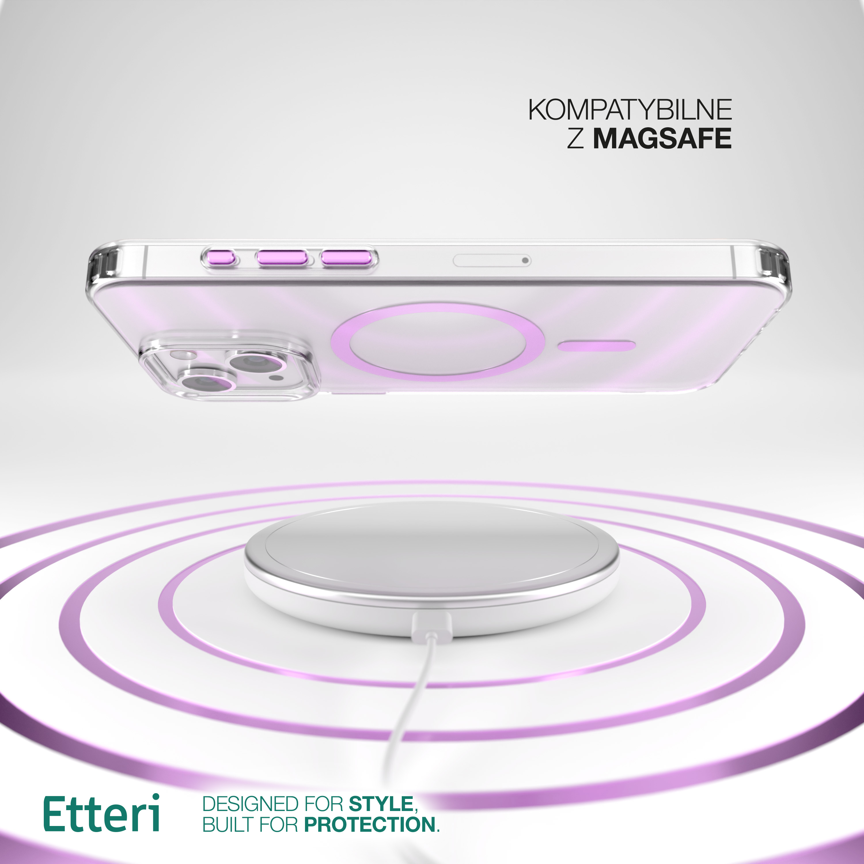 Una custodia per telefono su un caricabatterie wireless. La custodia è trasparente con un anello magnetico.