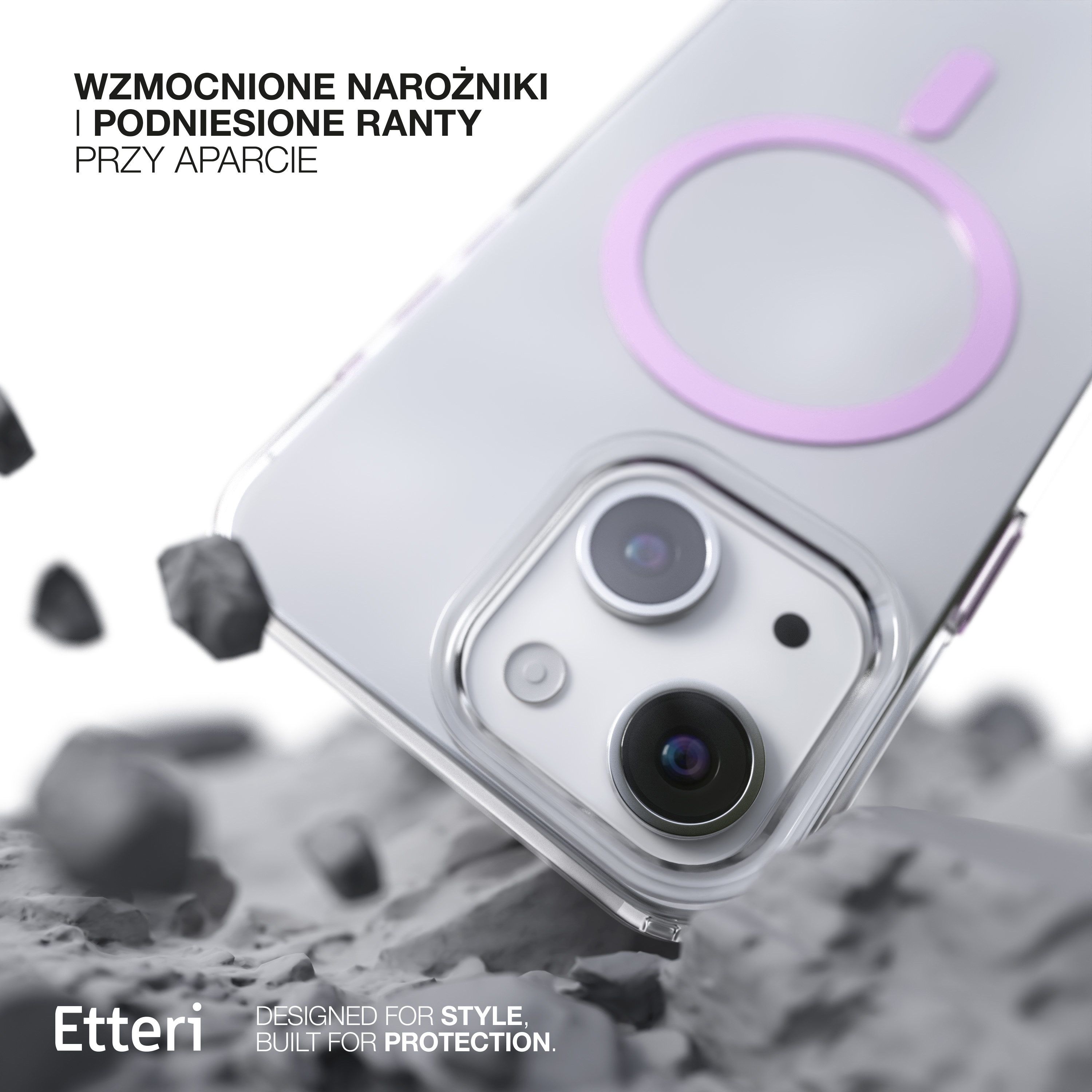 Una custodia per telefono con retro trasparente e un cerchio rosa attorno alla fotocamera. Sfondo sfocato.