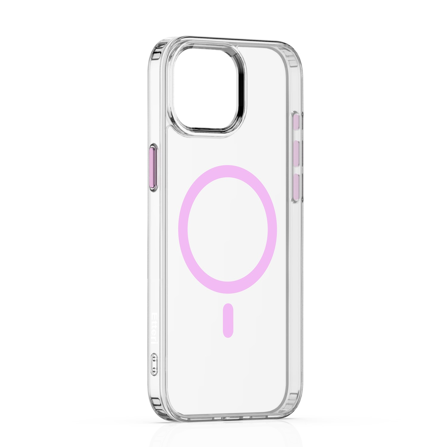 Custodia trasparente per iPhone con cerchio rosa e pulsante rosa. Isolato su sfondo bianco.