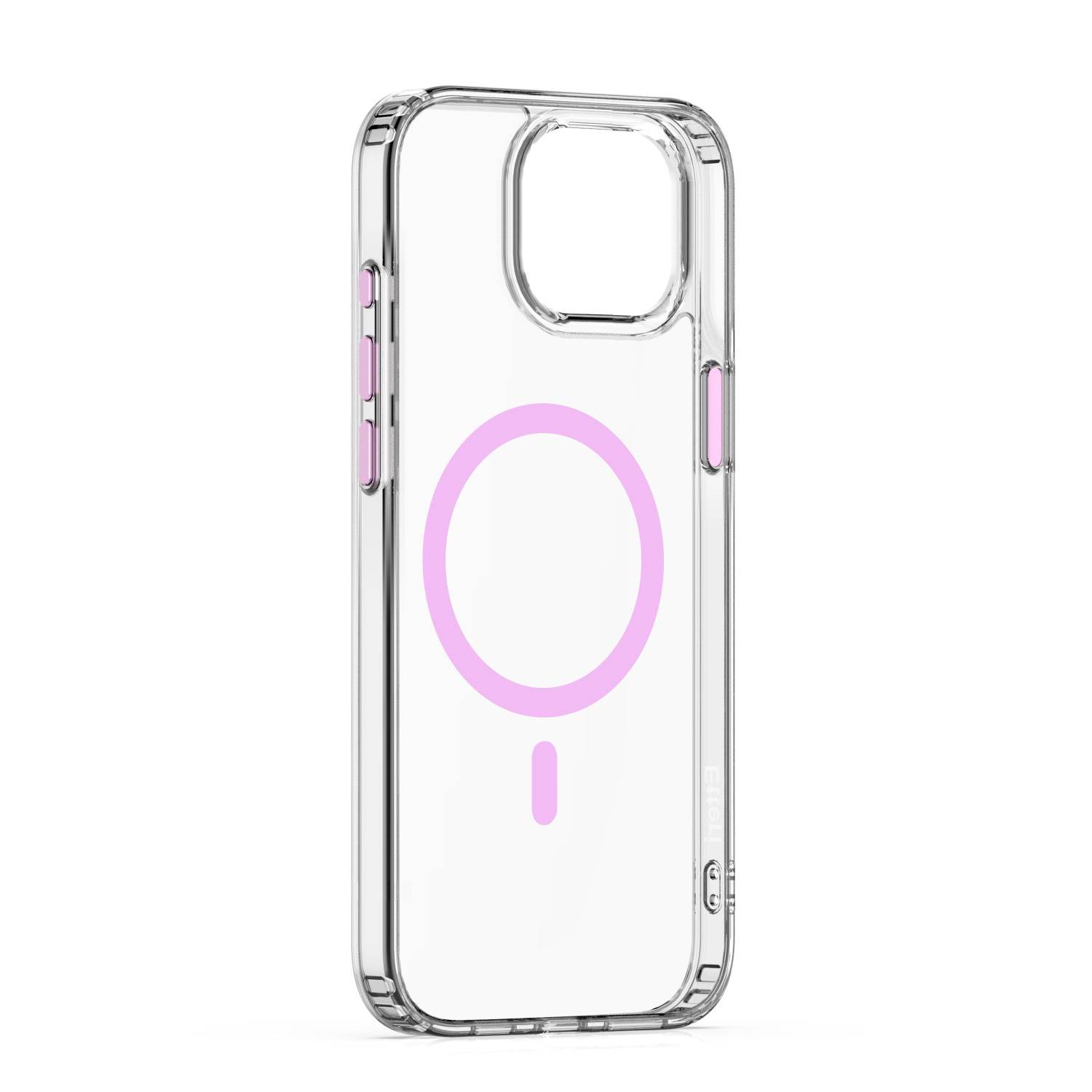 Custodia trasparente per iPhone con un'area magnetica circolare rosa.