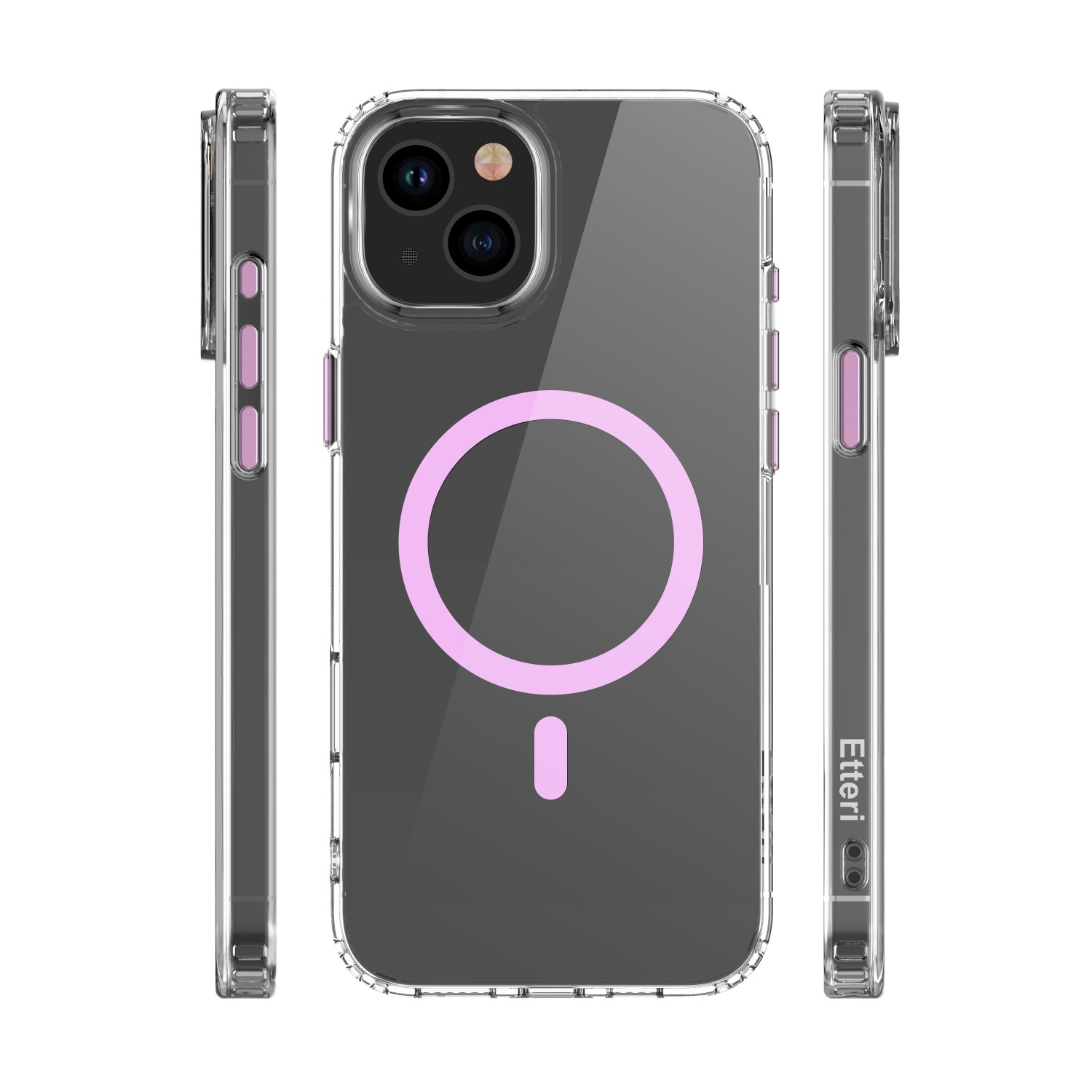 Tre viste di una custodia trasparente per telefono. Ha un cerchio rosa sul retro e pulsanti laterali rosa.