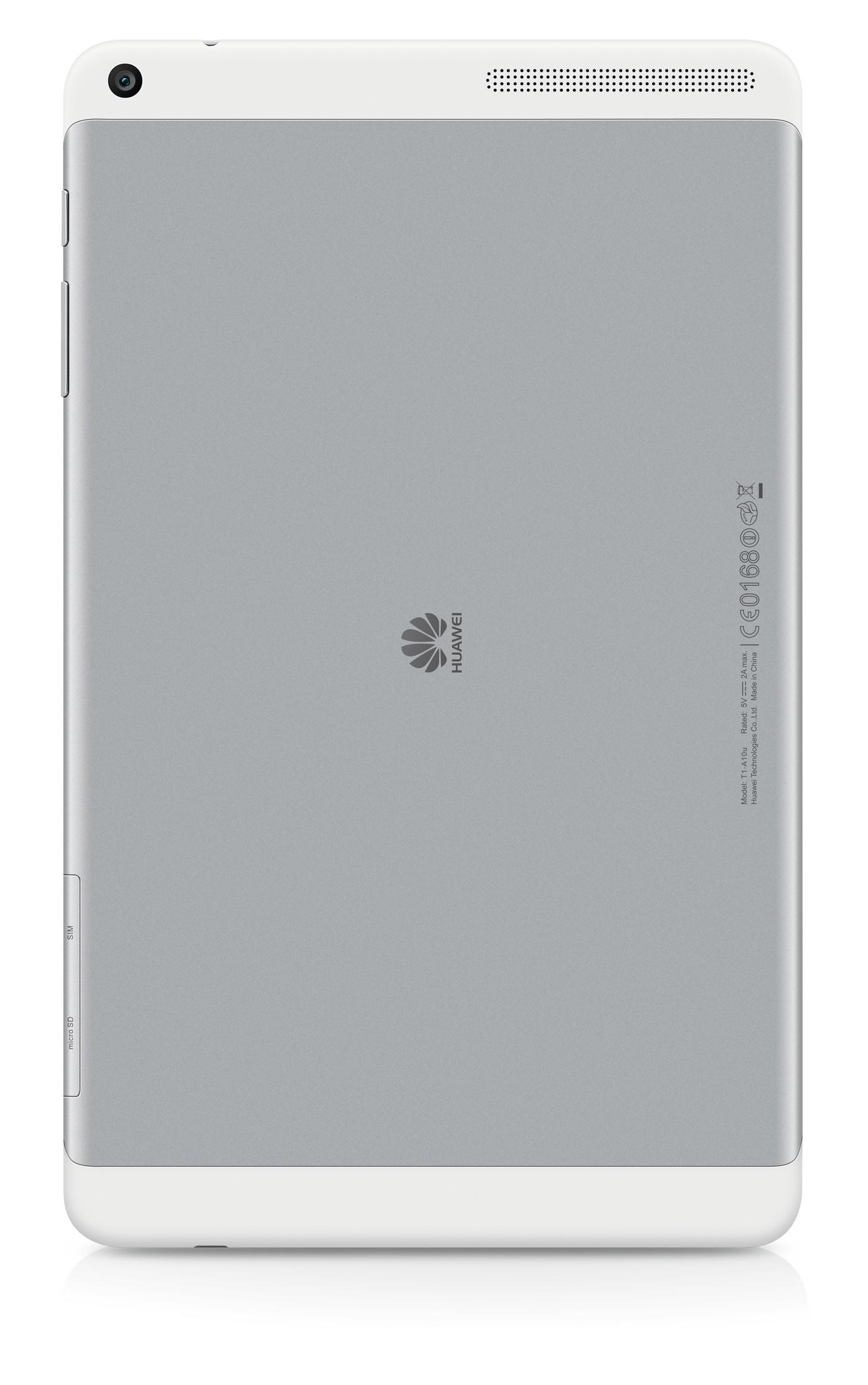 Retro di un tablet grigio e bianco. Il logo Huawei è visibile. La fotocamera si trova in alto a sinistra.