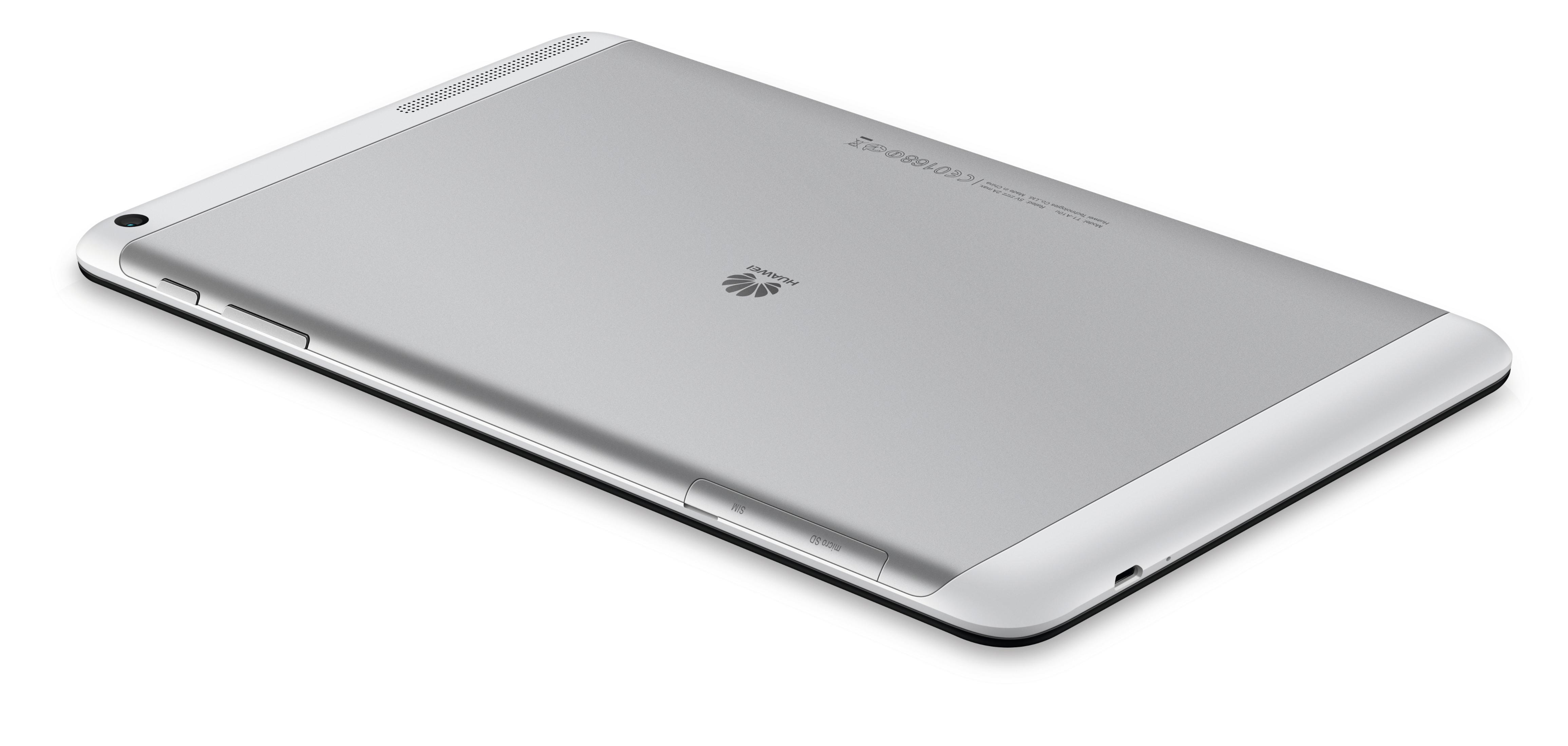 Retro del tablet argentato. Logo Huawei al centro, fotocamera e porte visibili.