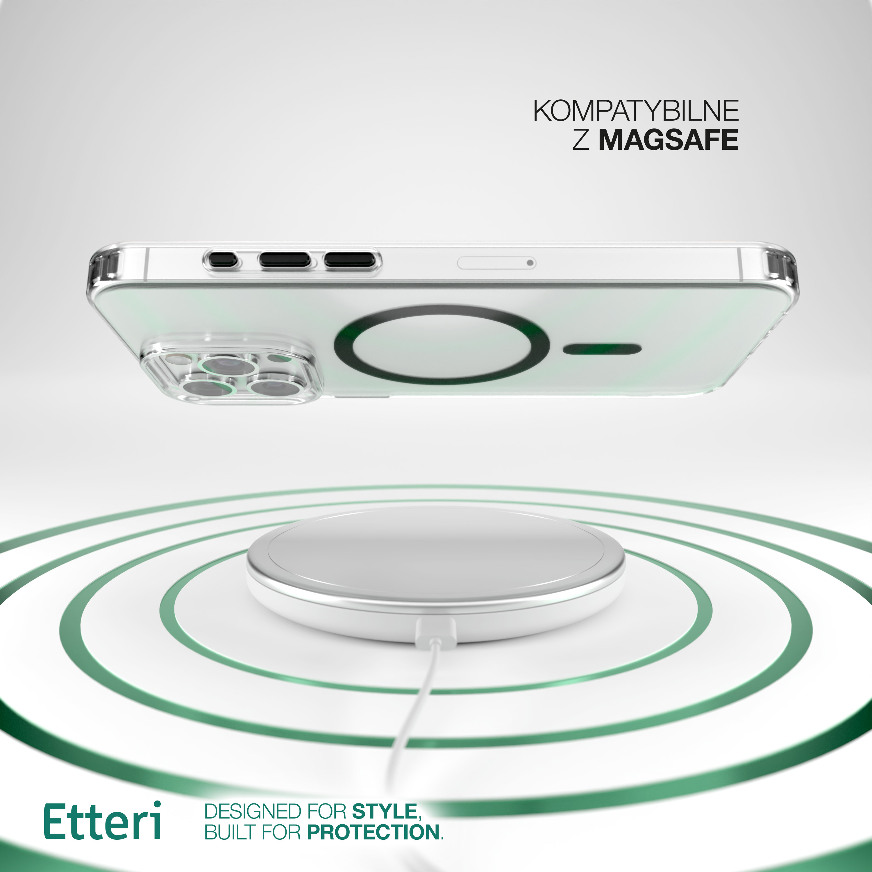 Etui na telefon z kompatybilnością MagSafe, unoszące się nad ładowarką bezprzewodową. Białe tło, tekst w zestawie.
