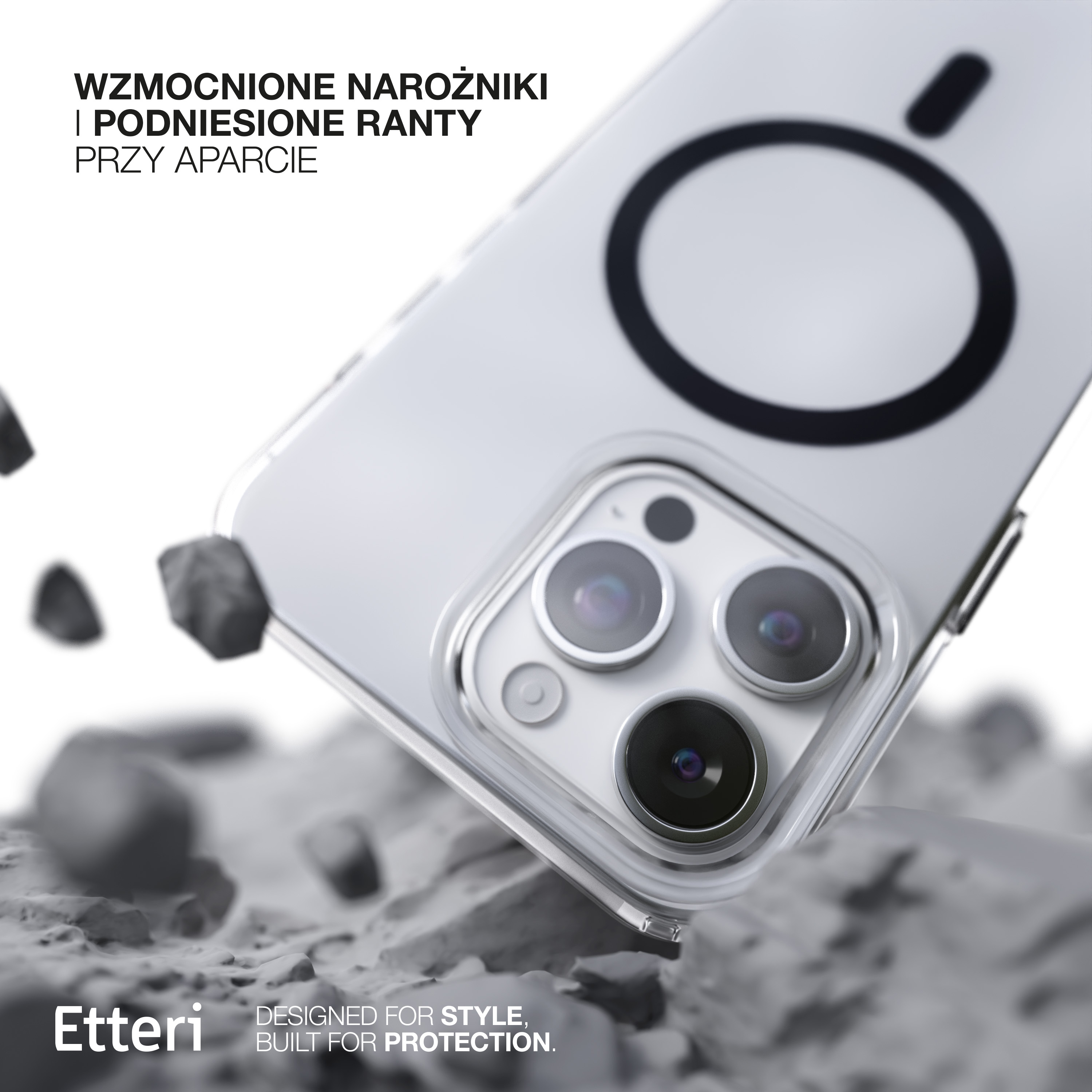 Przezroczyste etui na telefonie. Tekst mówi 'wzmocnione rogi' i 'podniesione krawędzie'.