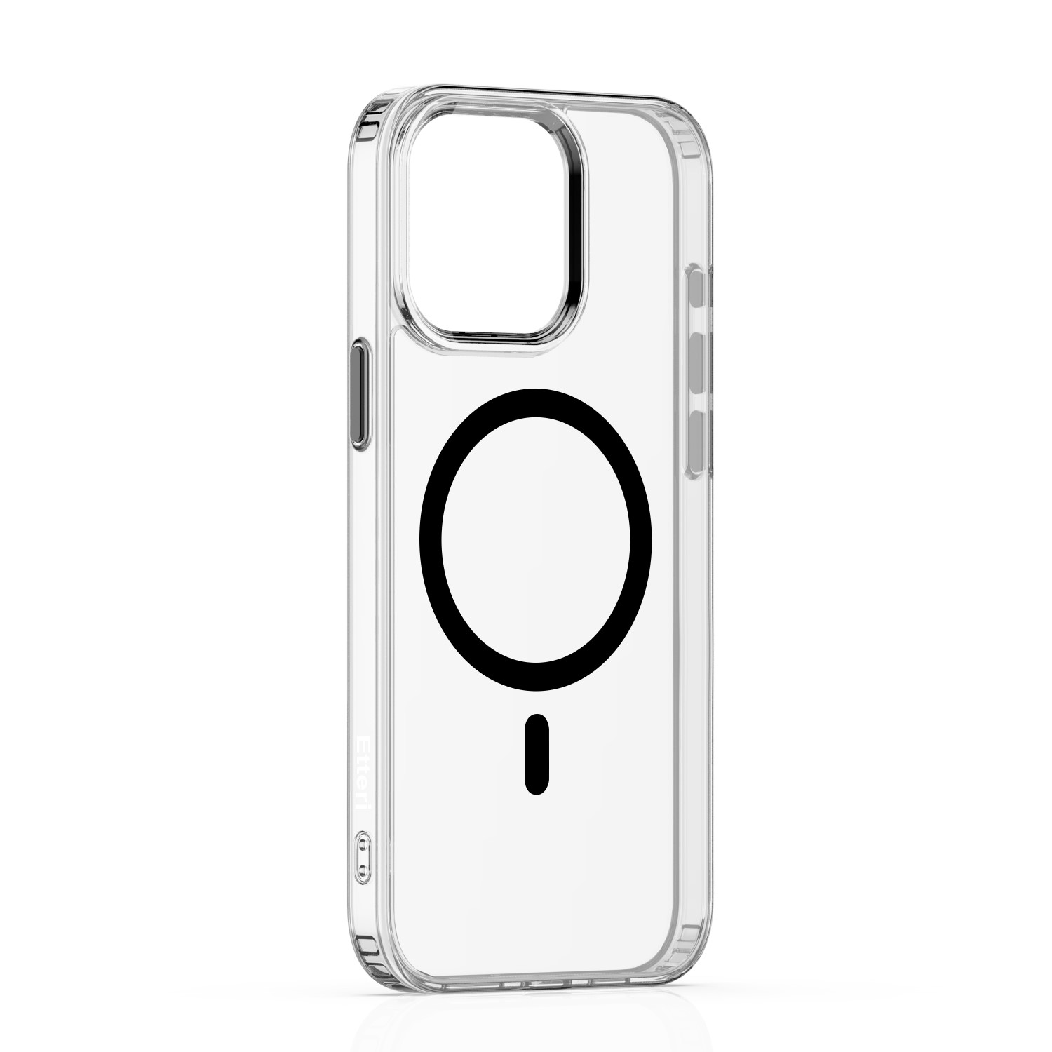 Przezroczyste etui na telefon z czarnym okręgiem i małą czarną kreską.