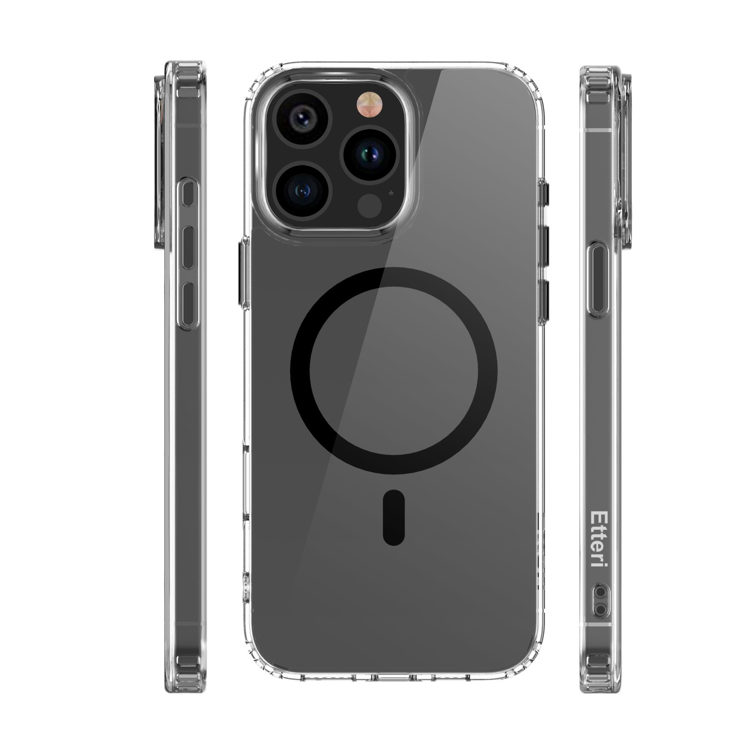 Przezroczyste etui na telefon. Trzy widoki etui i telefonu z czarnym okręgiem z tyłu.