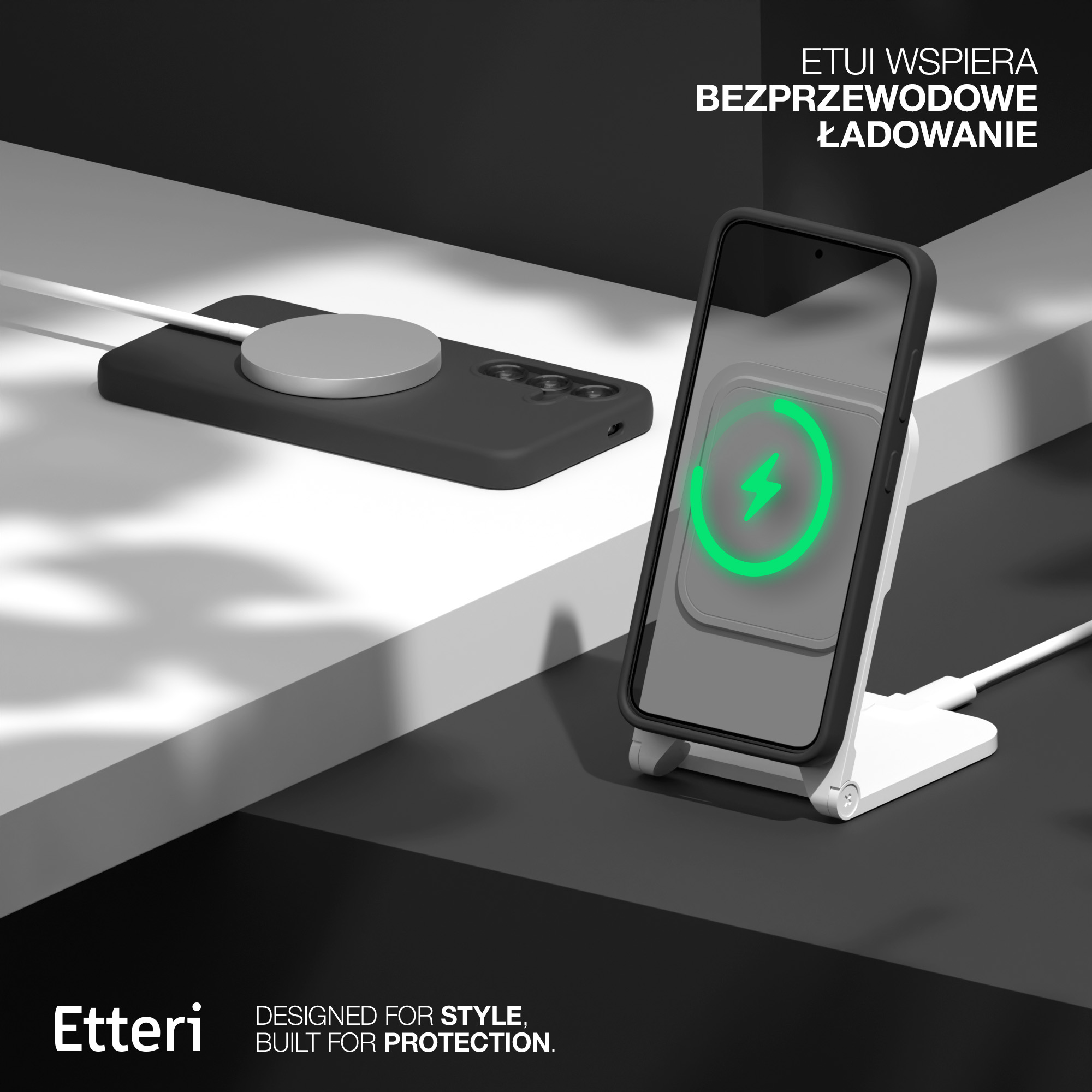 Telefon auf kabellosem Ladegerät. Ladeanzeige zeigt einen grünen Blitz.