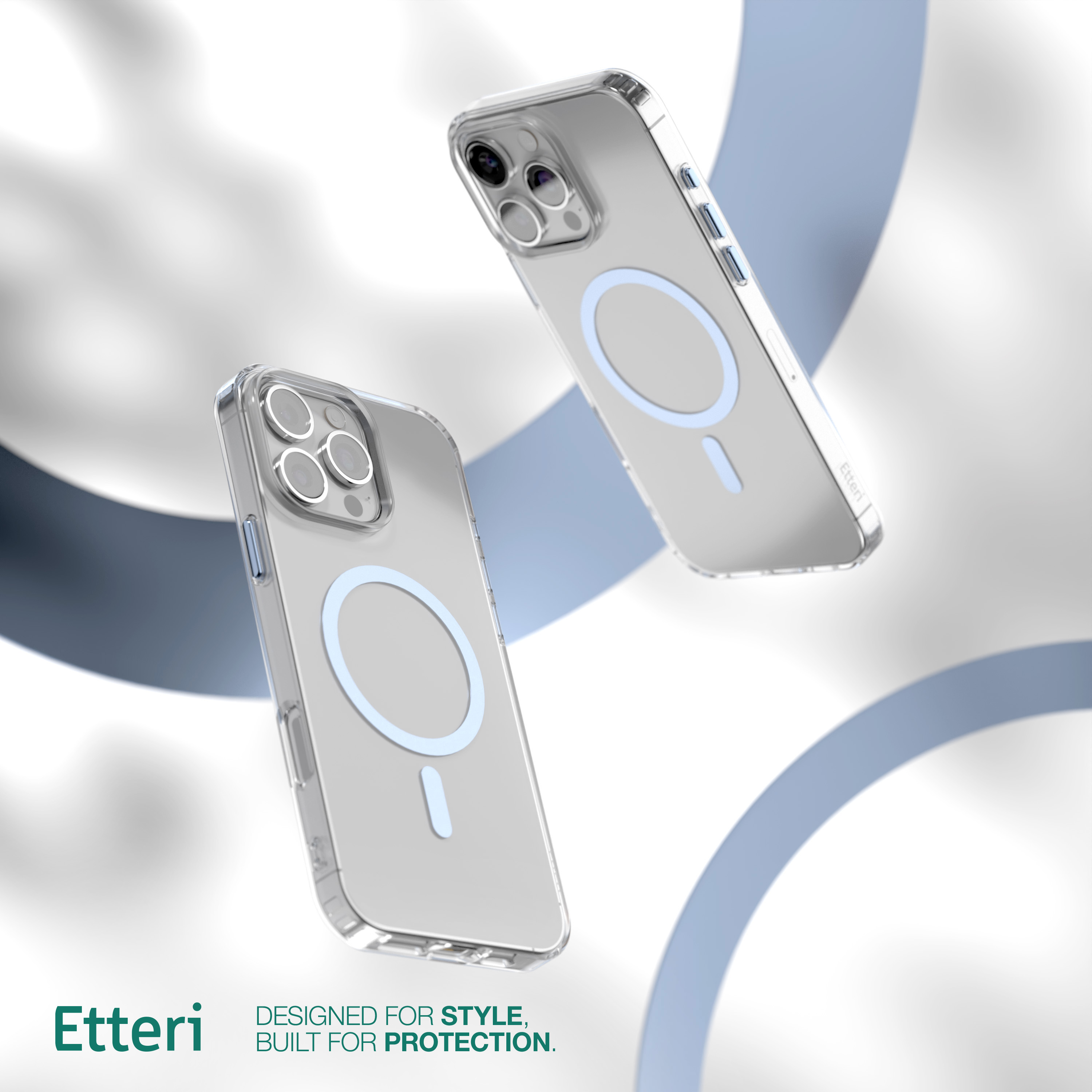 Due custodie per telefono fluttuanti, con accenti blu e il logo Etteri. Il testo recita "Progettato per lo stile".