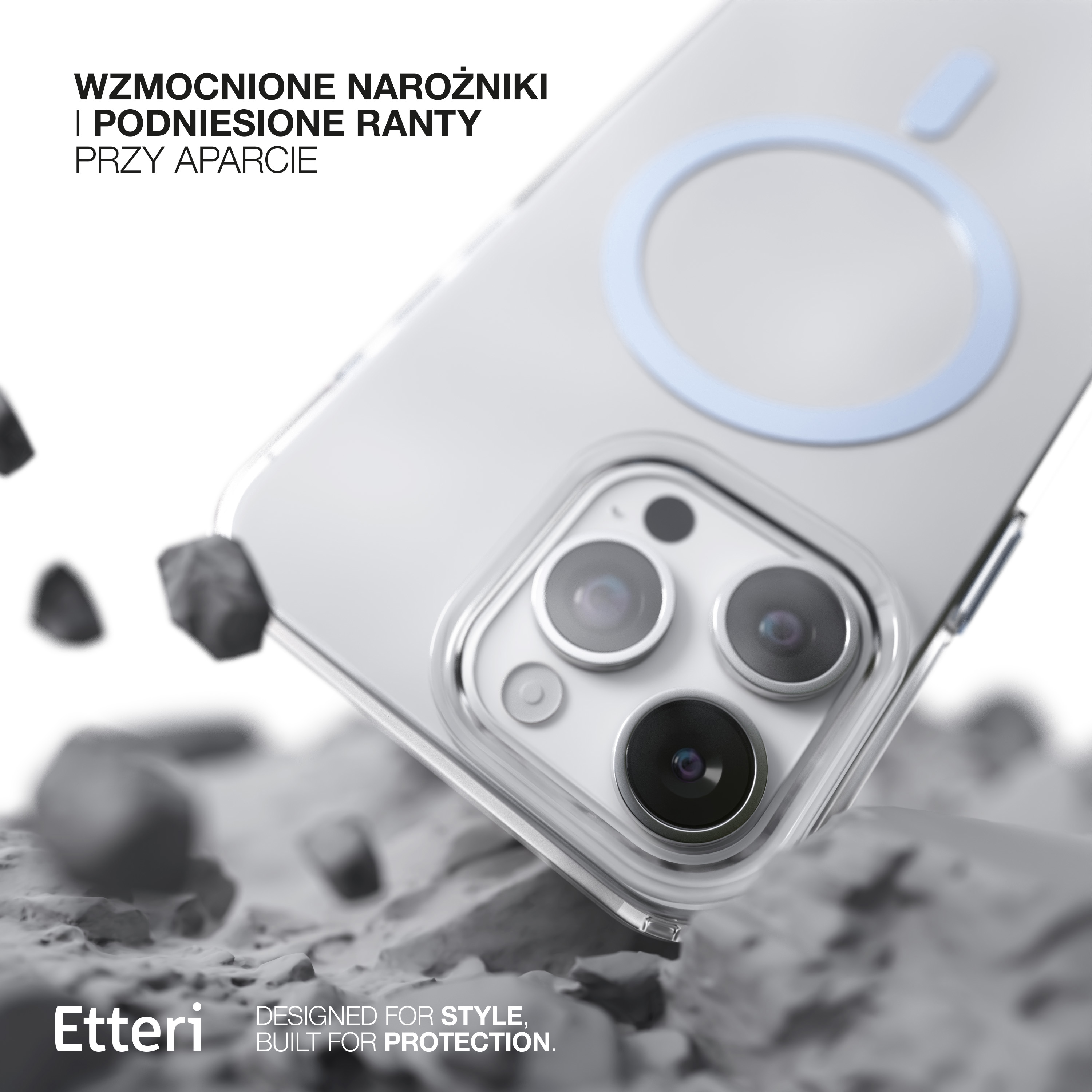 Custodia trasparente per telefono con protezione fotocamera e anello blu. Su superficie rocciosa.