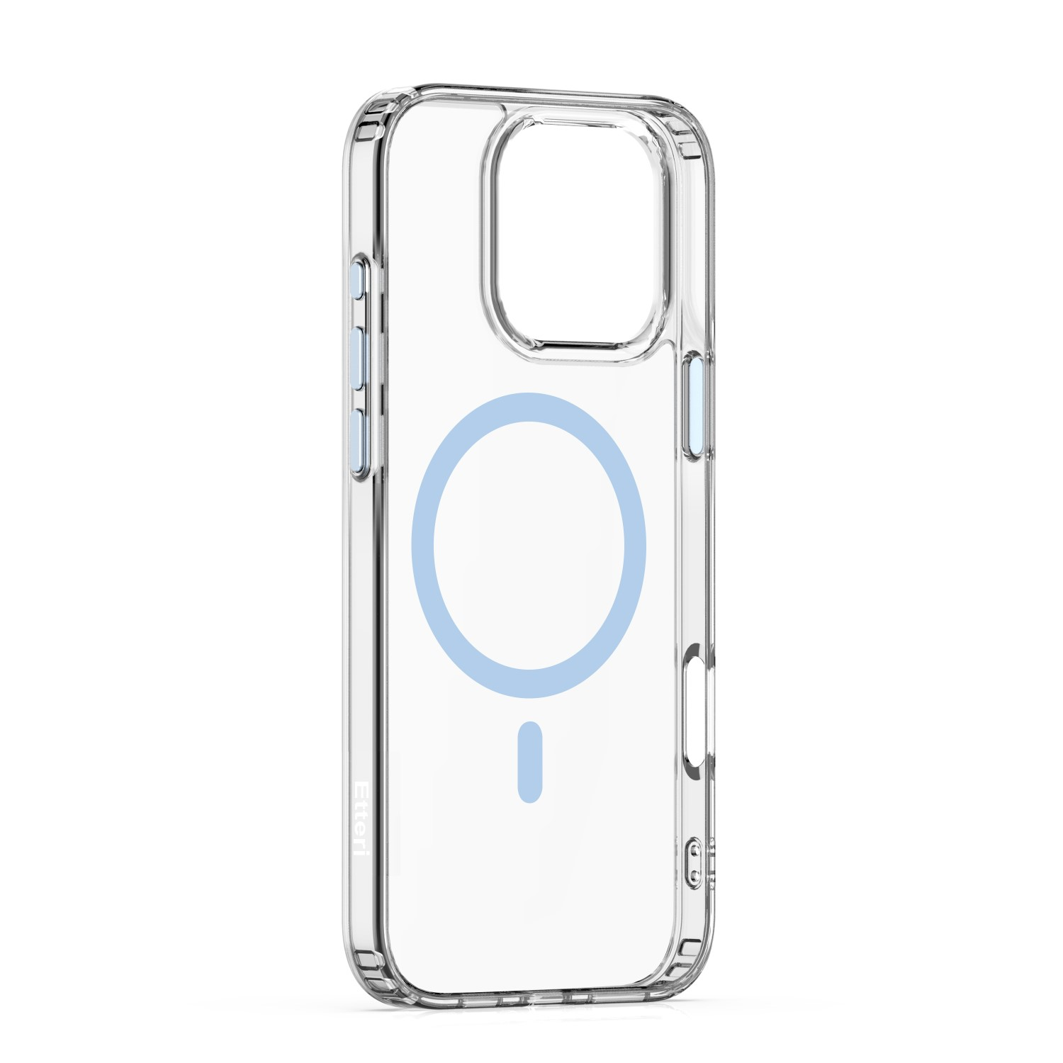 Custodia trasparente per telefono con cerchio blu. Sfondo trasparente.