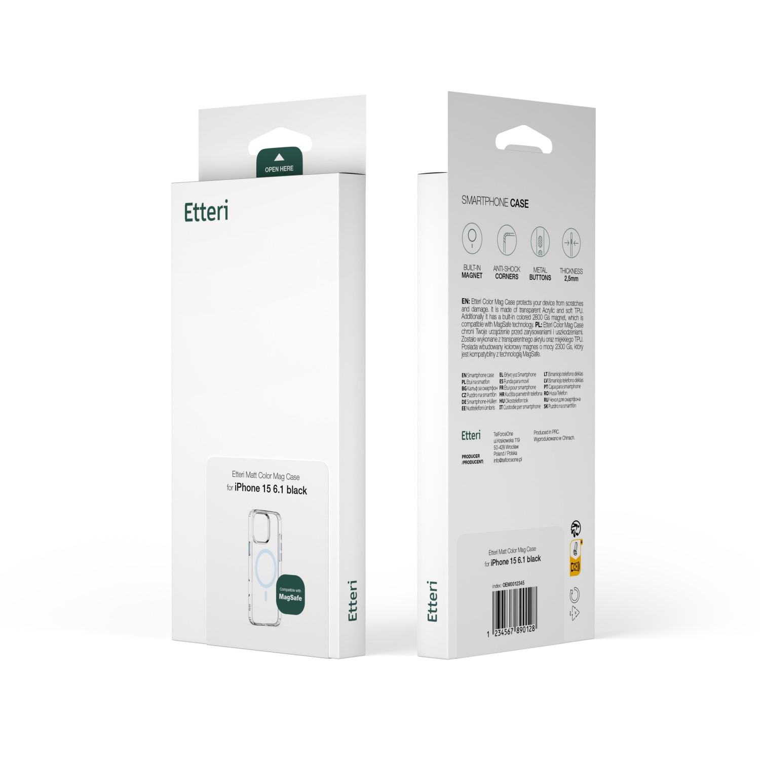 Białe pudełko na etui na telefon z tekstem i grafiką. Pudełko zawiera etui.