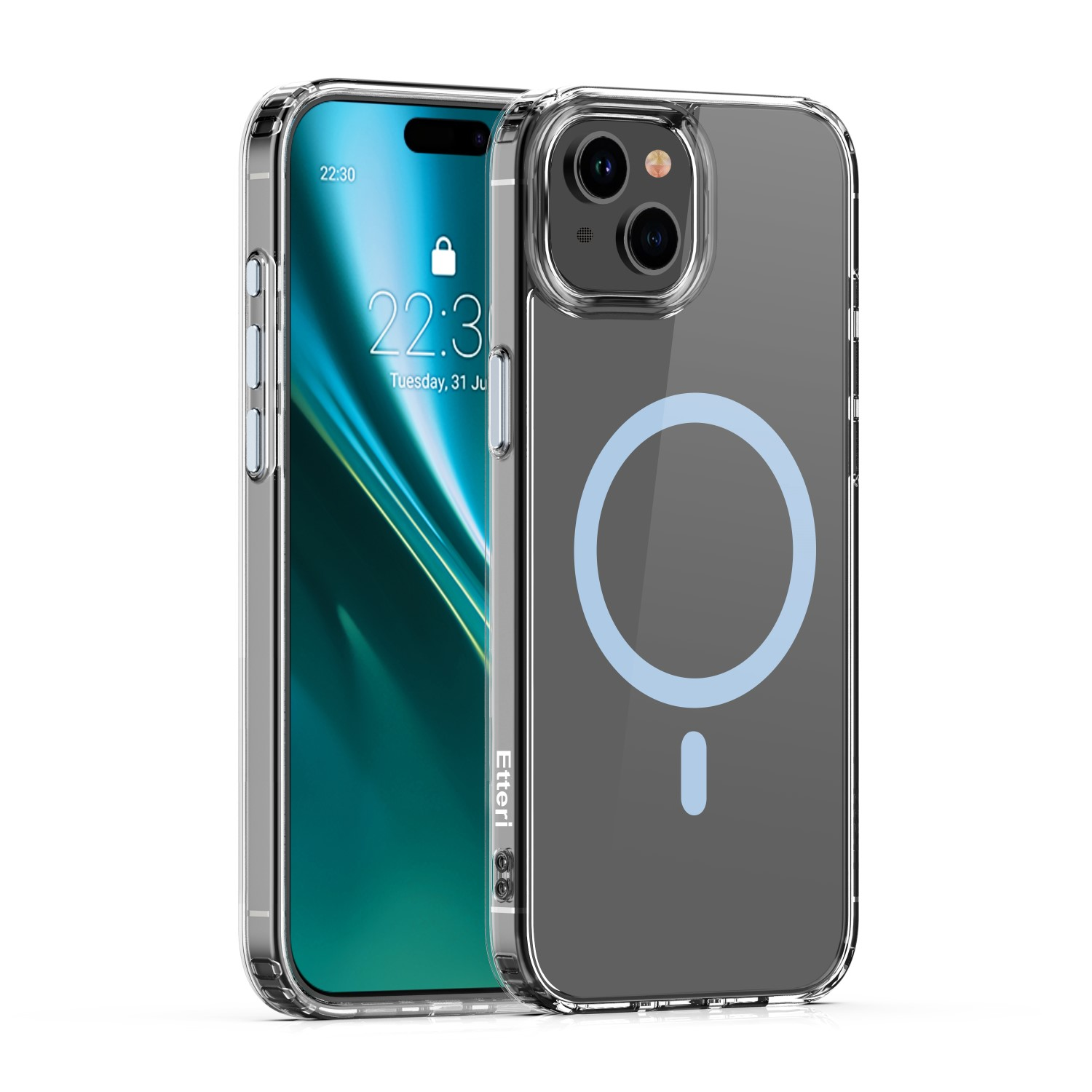 Przezroczyste etui na telefon z czarnym obszarem aparatu. Dwa telefony obok siebie.