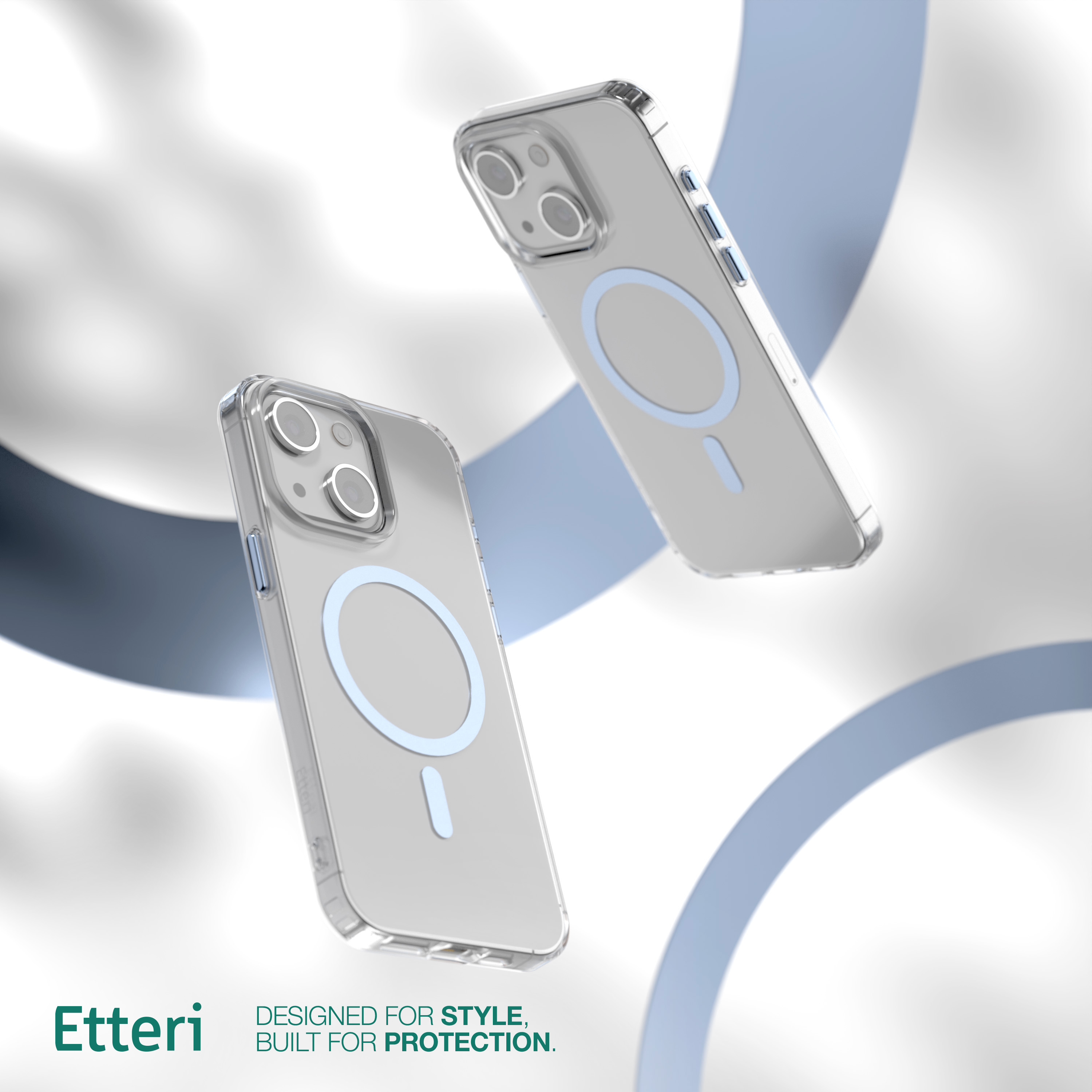 Dwa przezroczyste etui na telefon z jasnoniebieskim pierścieniem na plecach. Tekst: Zaprojektowane dla stylu, stworzone dla ochrony.