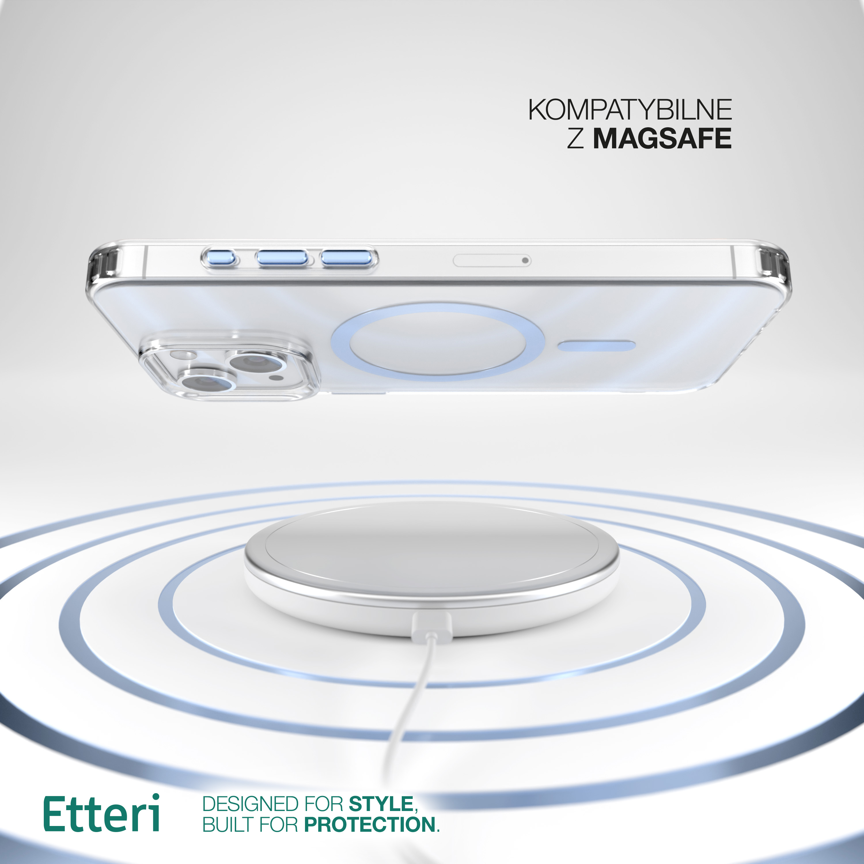 Telefon lewitujący nad ładowarką bezprzewodową, z białą podkładką ładującą i tekstem powyżej.