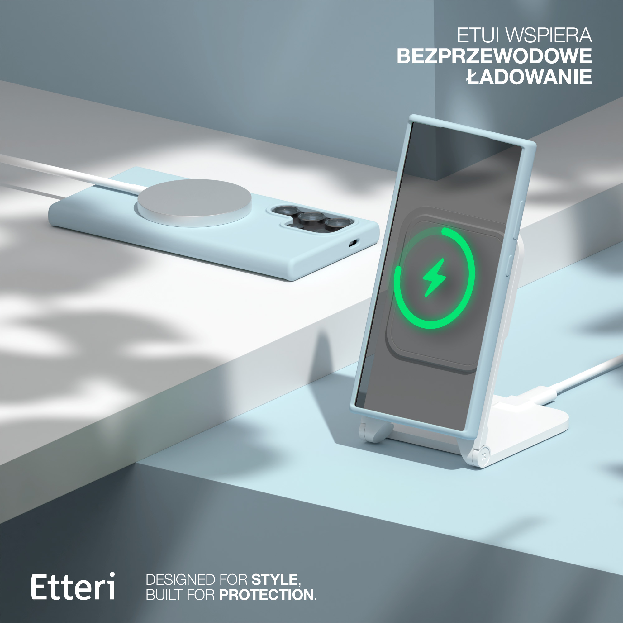 Custodia blu, caricatore wireless. Un telefono si carica, con un fulmine verde.