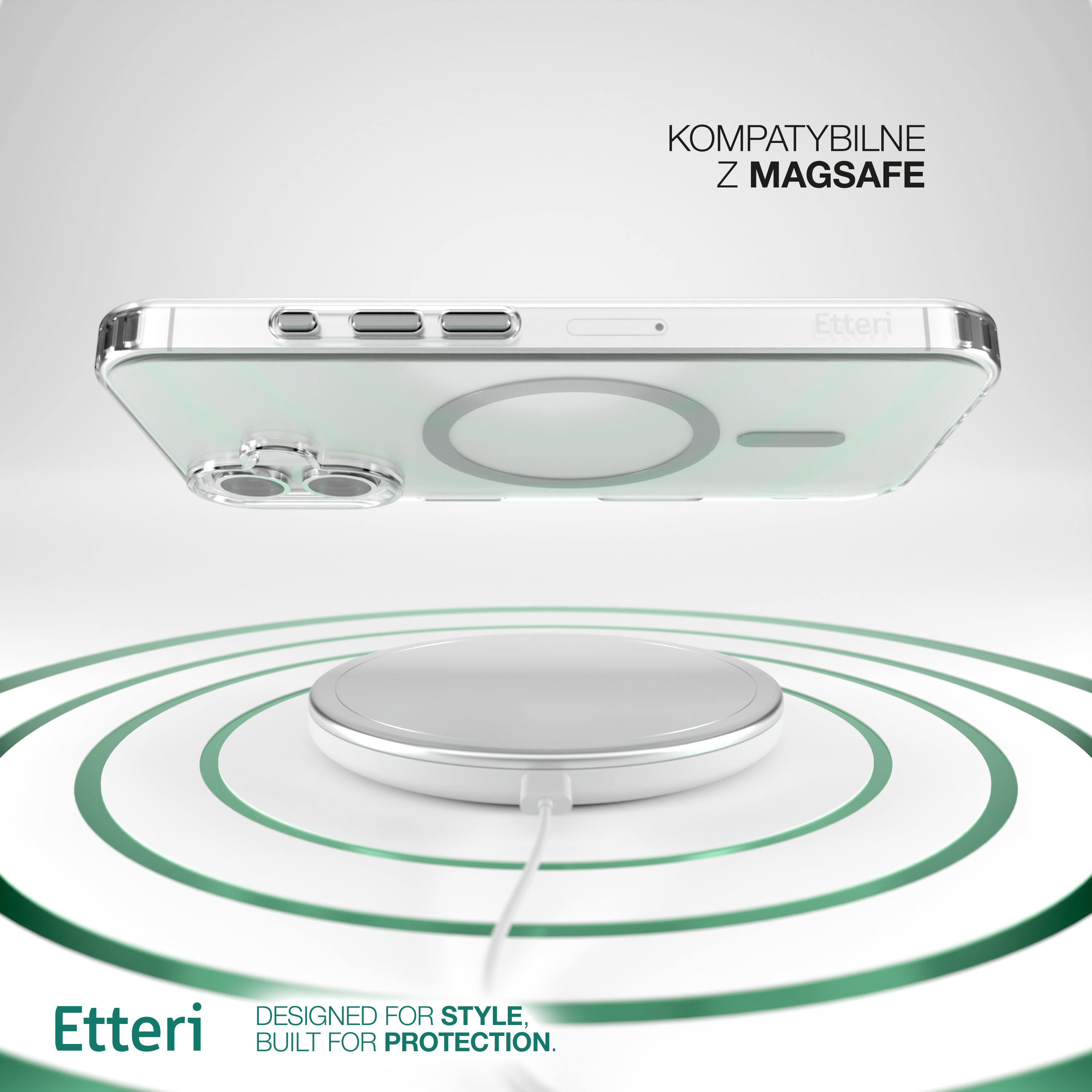 Custodia trasparente su caricatore wireless. La custodia dice kompatibilne z magsafe. Il logo Etteri è visibile.