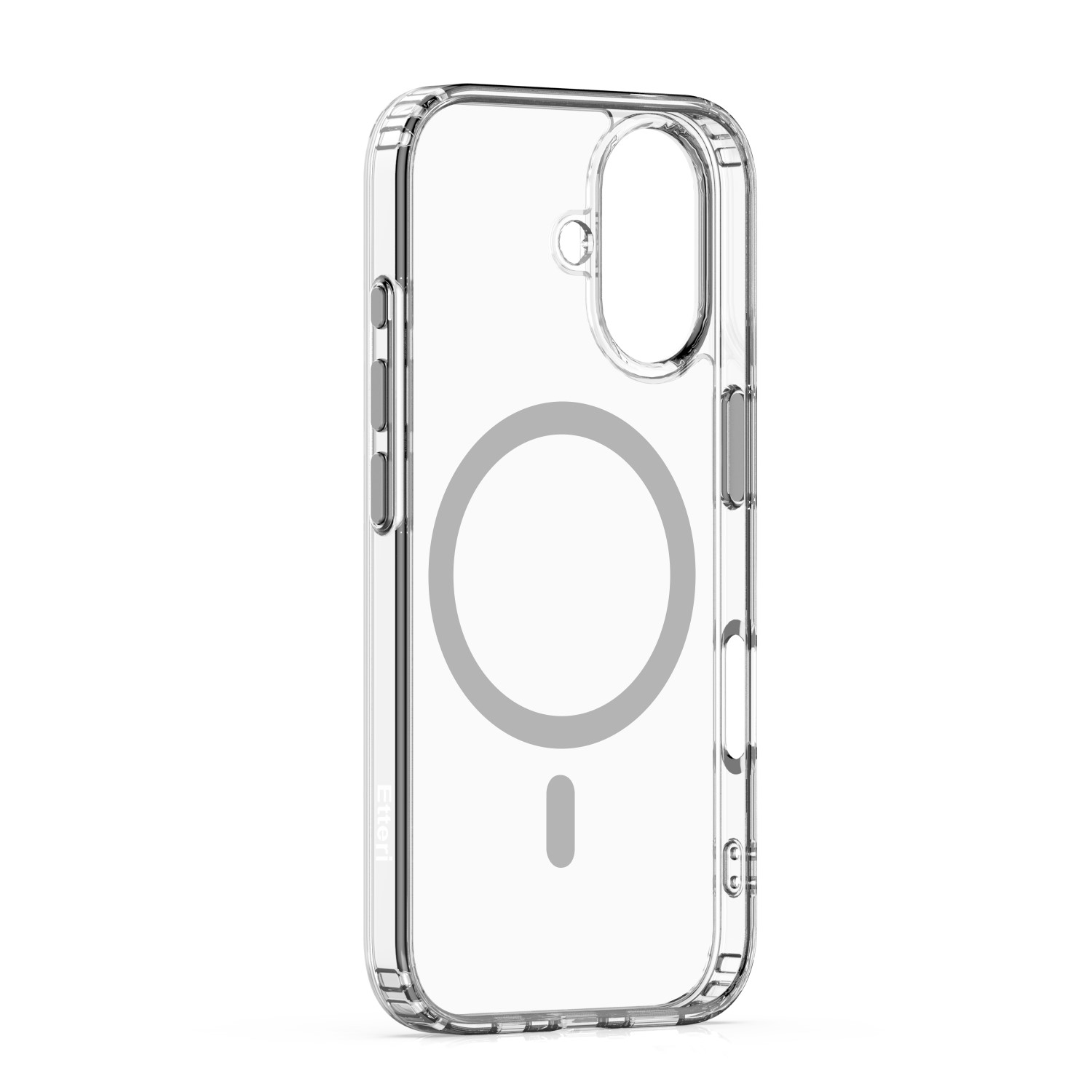 Custodia trasparente per telefono con anello magnetico. Sfondo bianco.