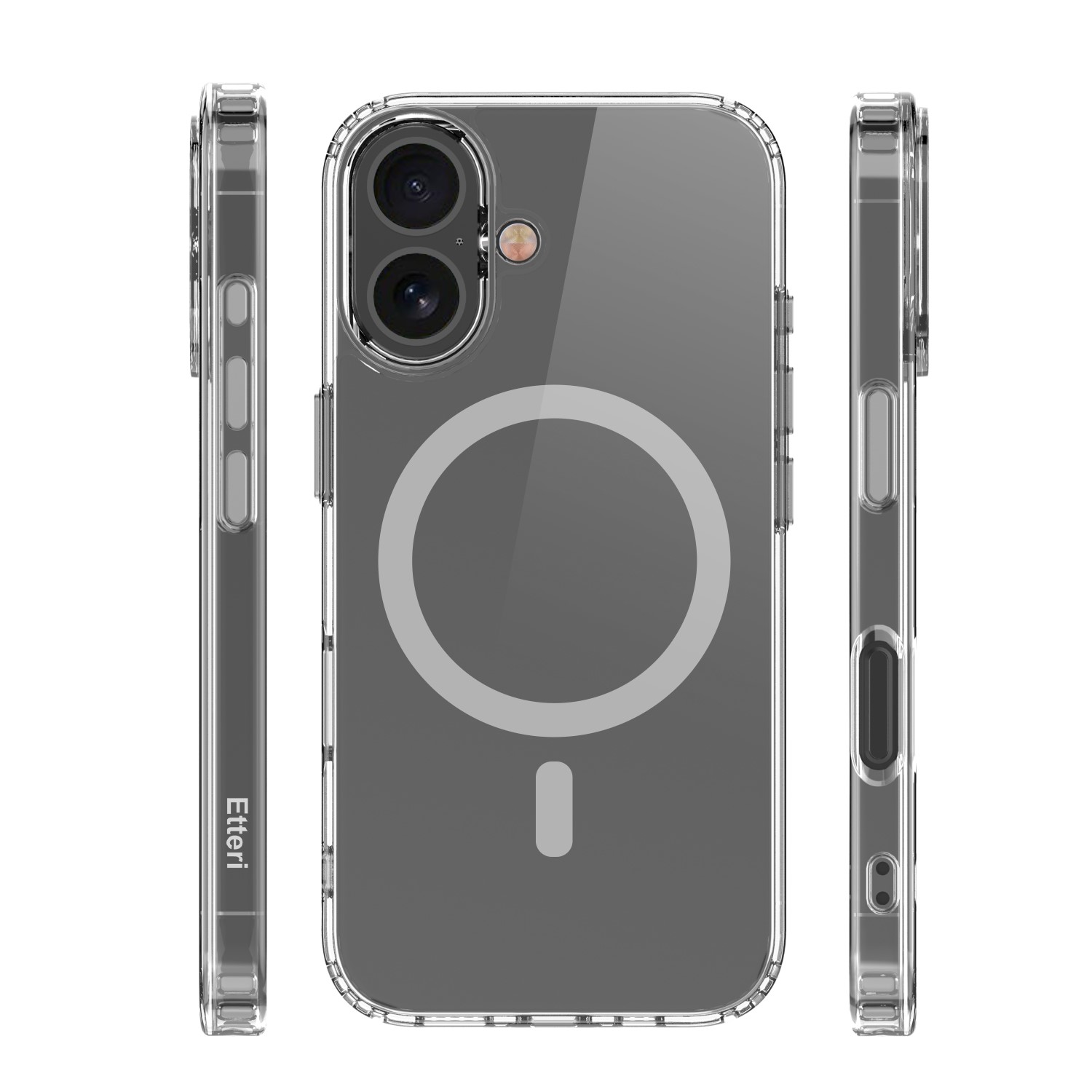 Custodia trasparente per telefono con cerchio magnetico.