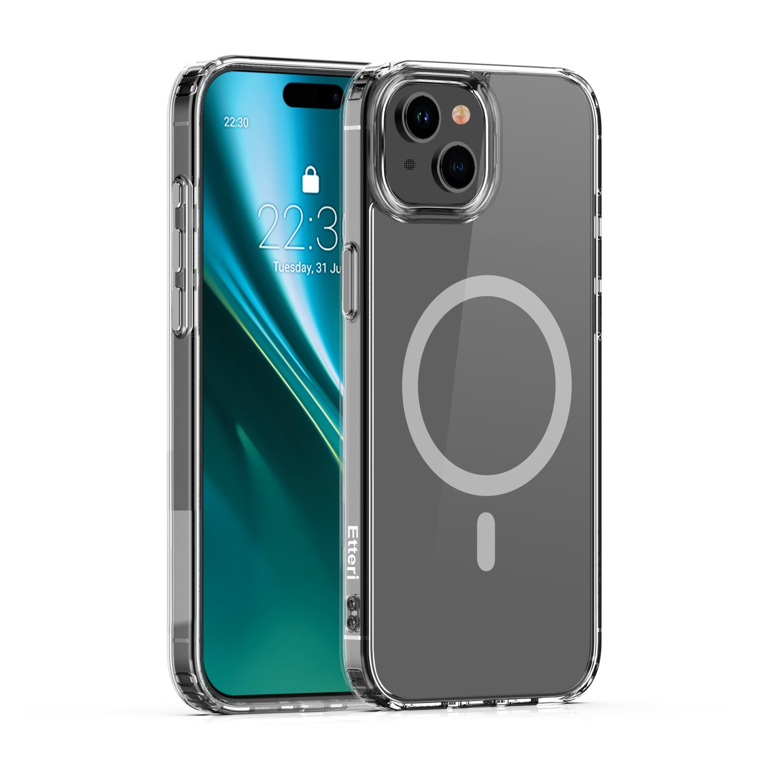 Przezroczyste etui na telefon z pierścieniem magnetycznym i telefonem w środku. Tło białe.