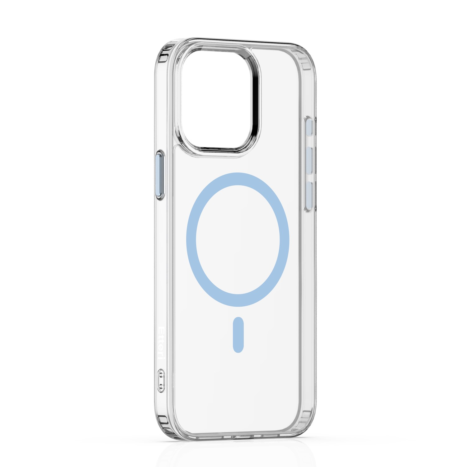 Przezroczyste etui na iPhone z niebieskim okrągłym wzorem. Etui na białej powierzchni.