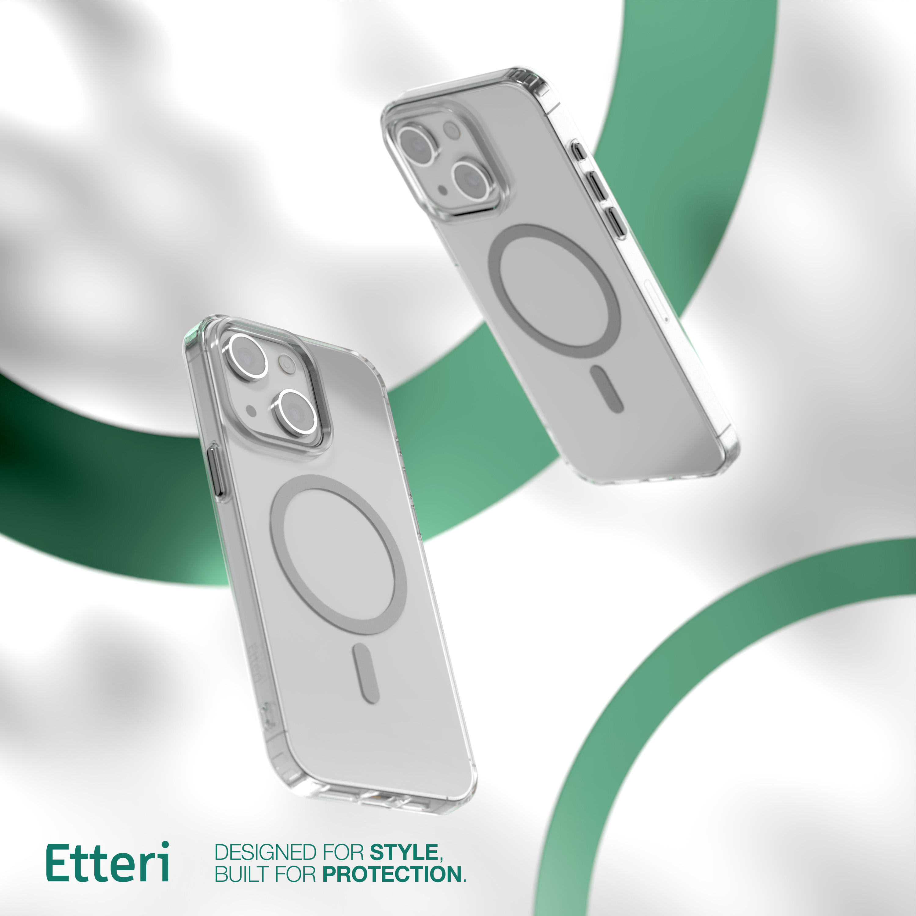 Dwa przezroczyste etui na telefony z MagSafe unoszą się. Zielone abstrakcyjne linie w tle.