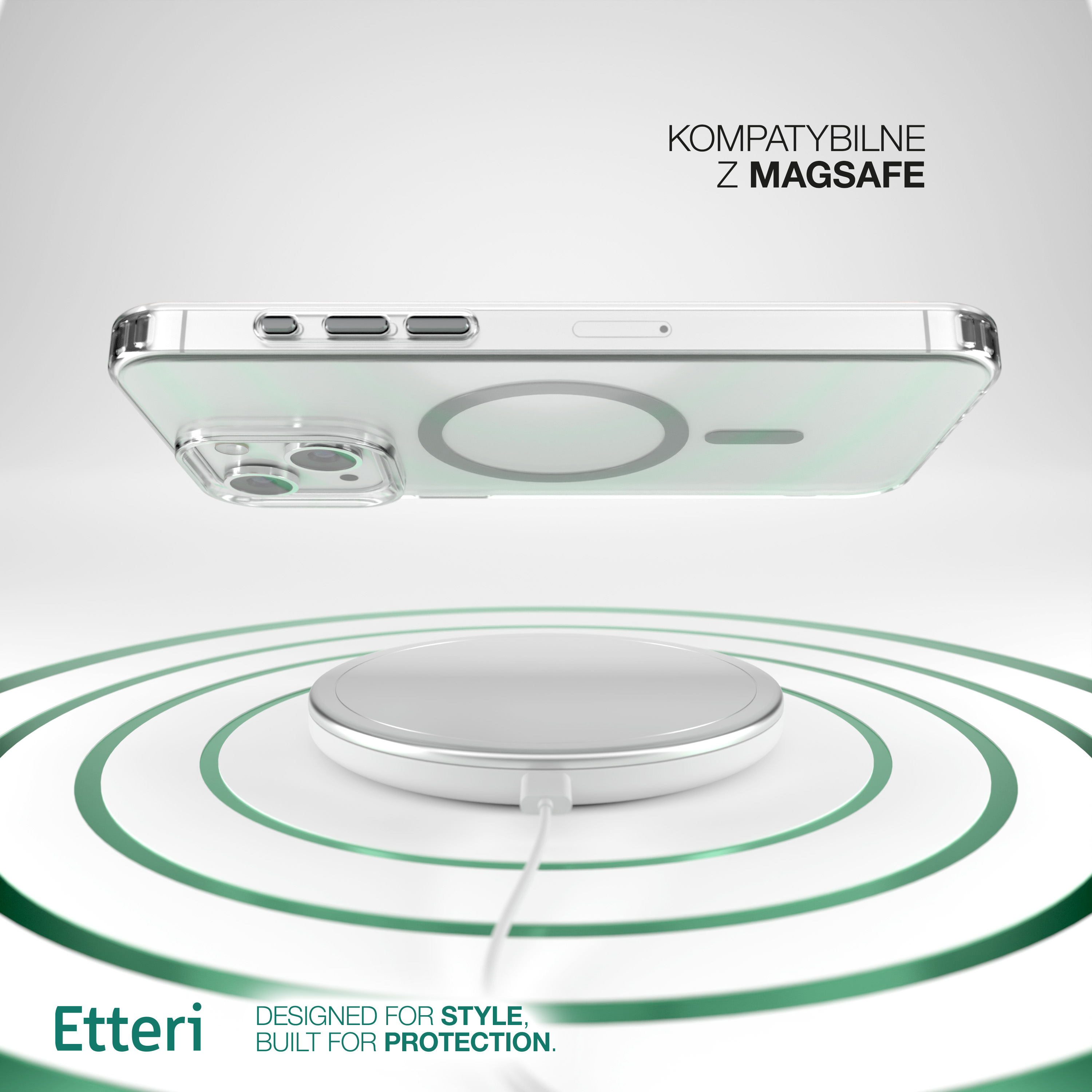 iPhone z przezroczystym etui i ładowarką MagSafe. Telefon w etui, ładowarka biała i okrągła.