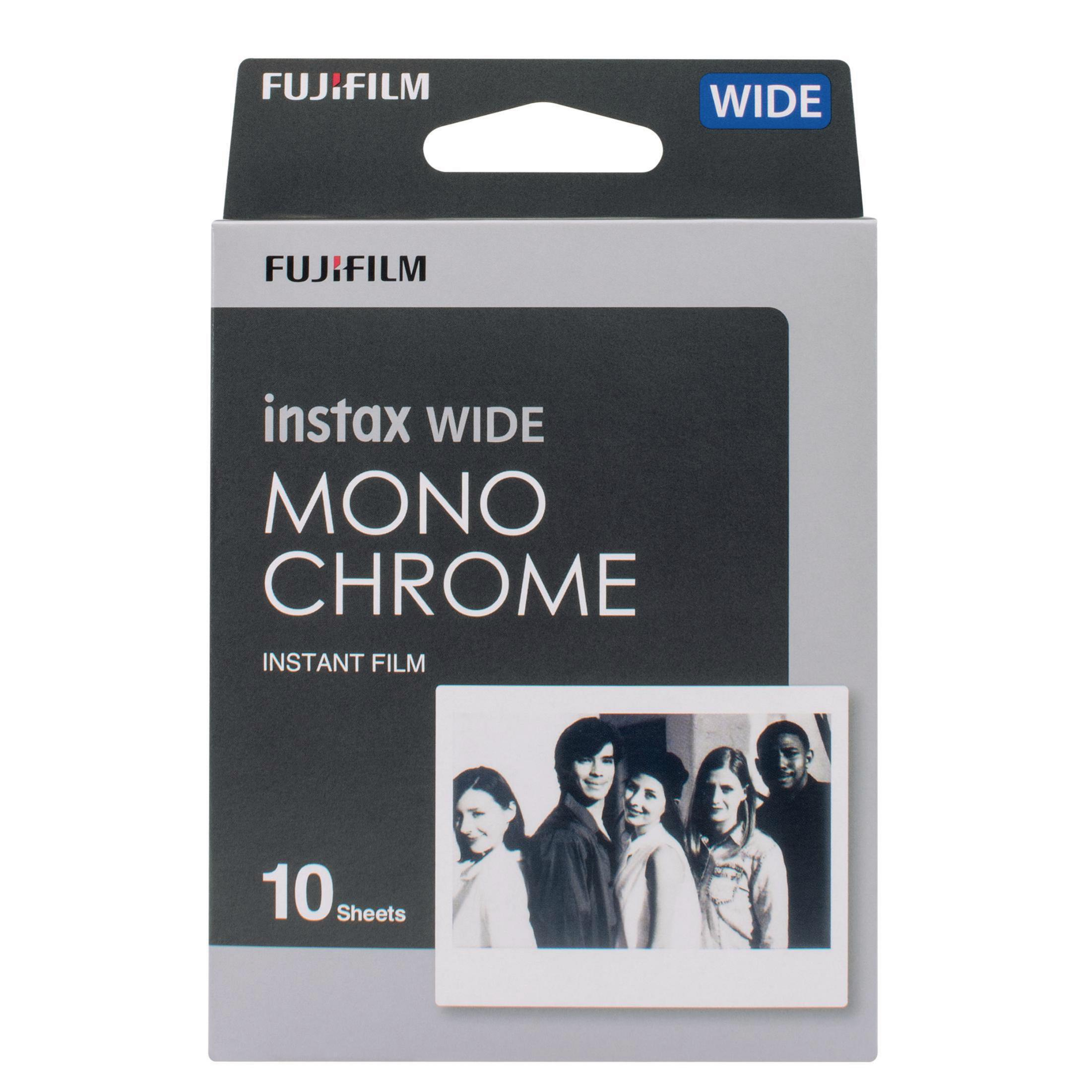 Schachtel mit Fujifilm Instax Wide Mono Chrome Sofortbildfilm mit Beispielbild von Personen.