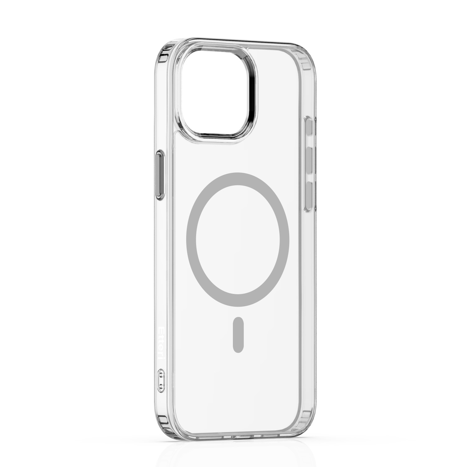 Przezroczyste etui na telefon z pierścieniem MagSafe. Widok z przodu. Przezroczysty design.