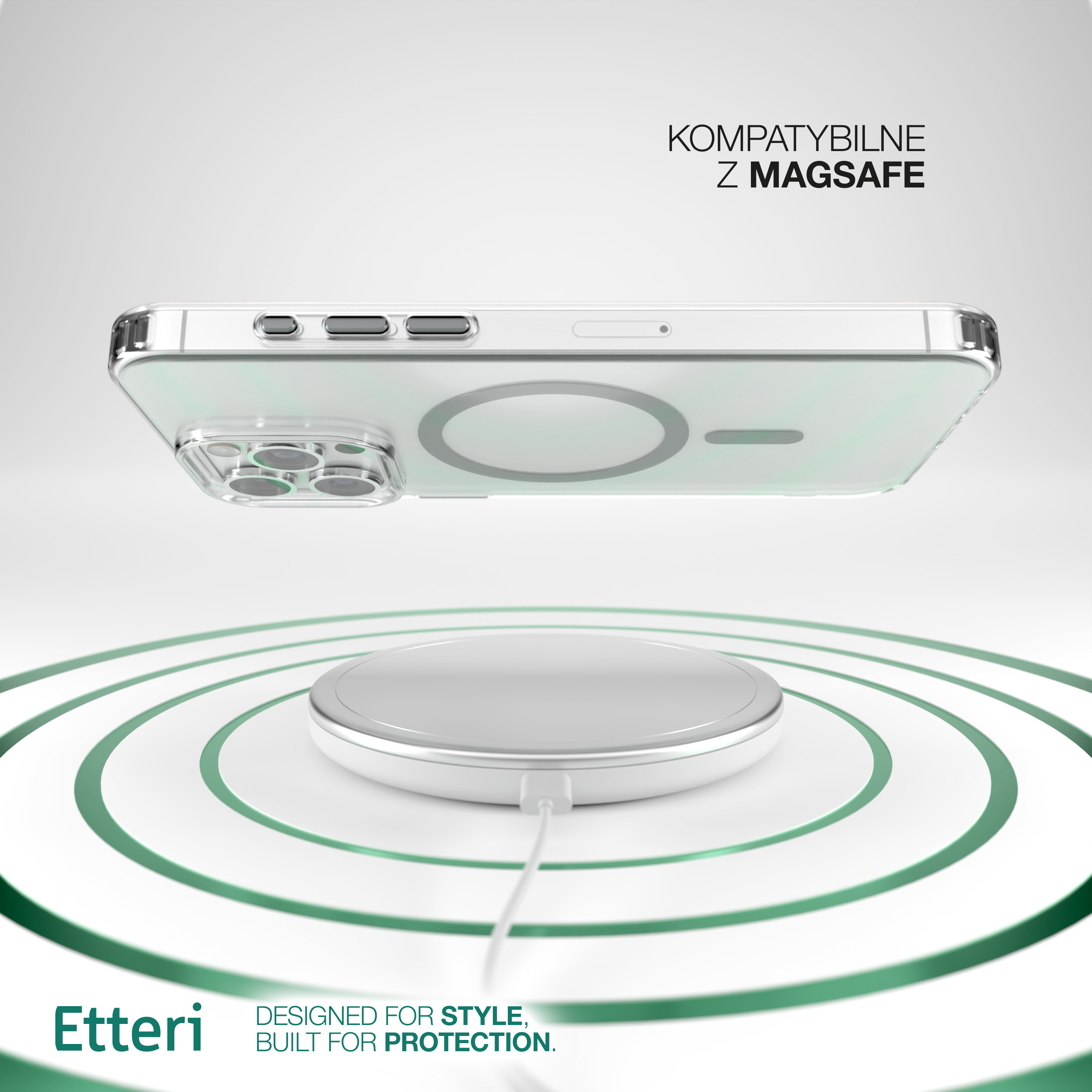 Custodia per telefono con cerchio magnetico sospeso sopra caricatore wireless, testo sopra.