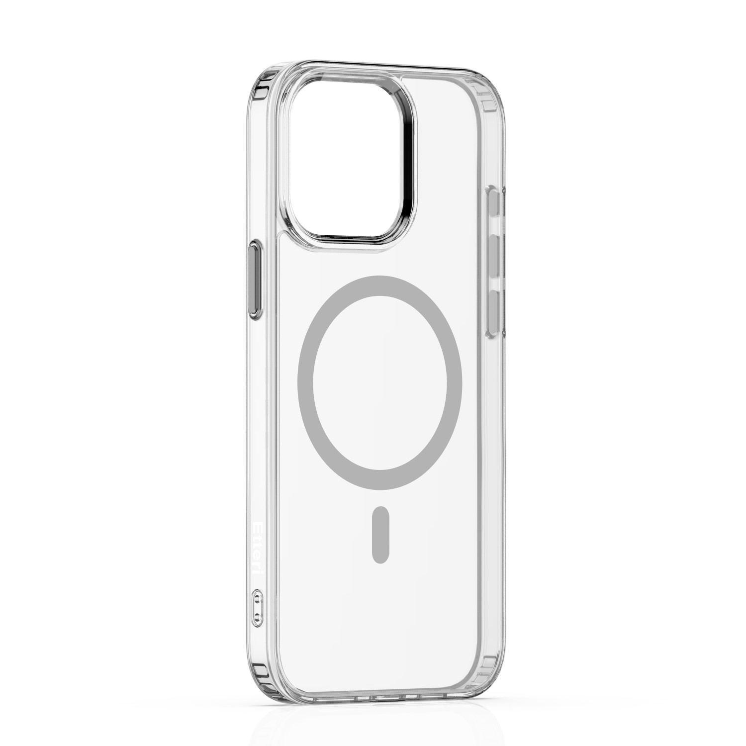 Custodia trasparente con cerchio magnetico, che mostra il retro del telefono. Sfondo bianco.