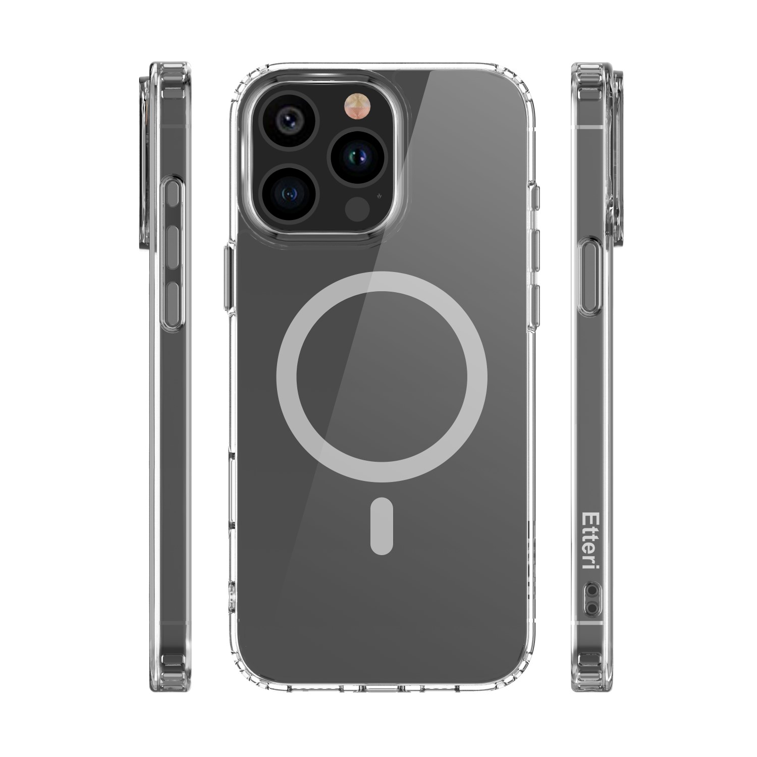Custodia trasparente con cerchio magnetico e fotocamera visibili, su sfondo bianco.