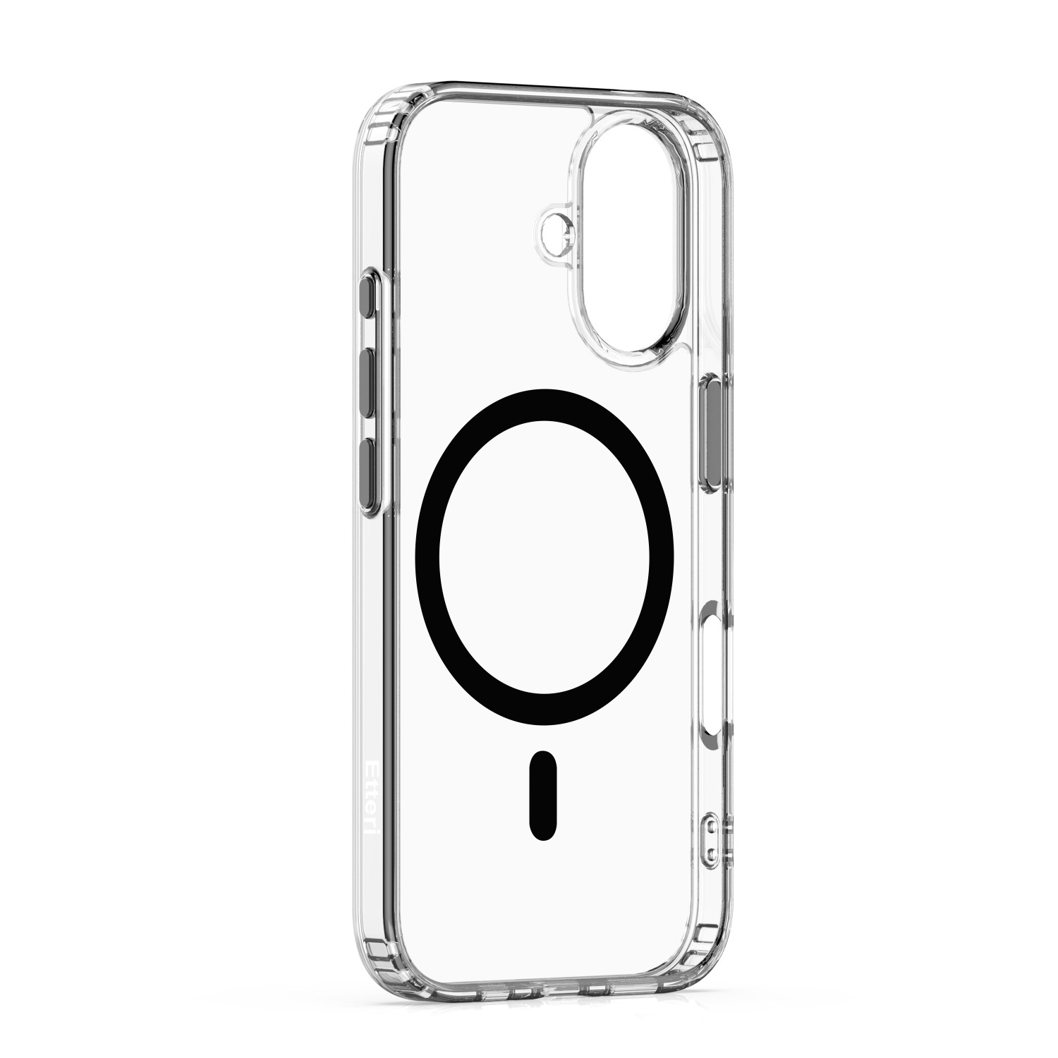 Custodia trasparente per telefono con un magnete circolare nero; è su una superficie bianca.