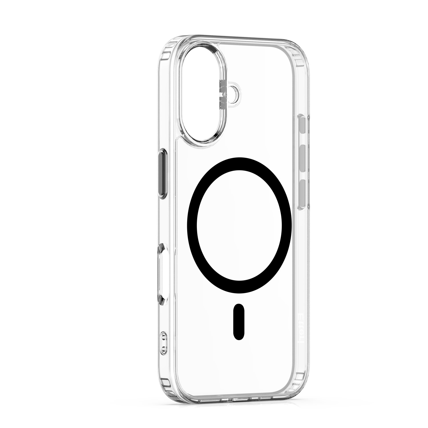 Una custodia trasparente per telefono con un design circolare nero.