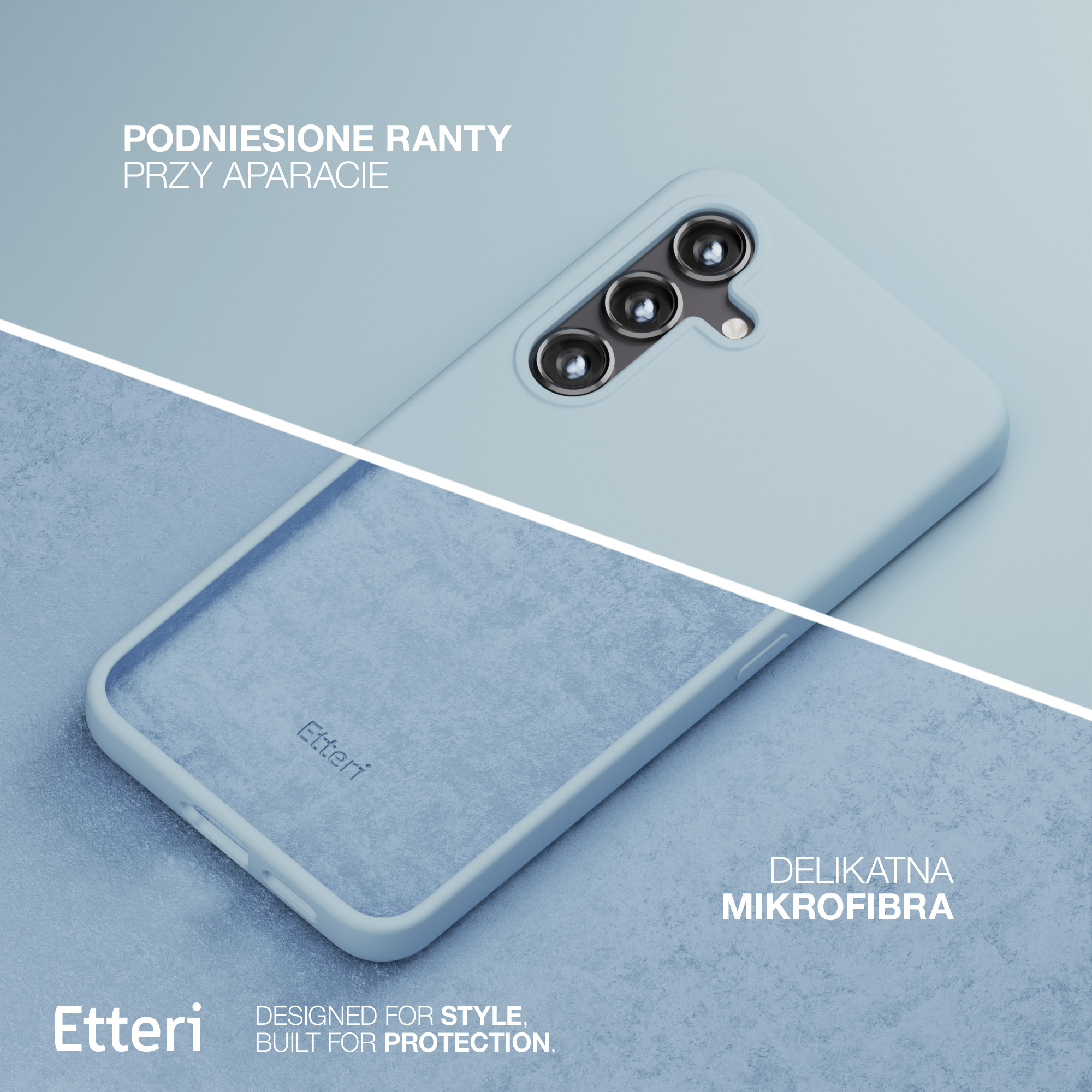 Custodia per telefono blu chiaro con sporgenza della fotocamera, sfondo bianco ed etichetta di testo.